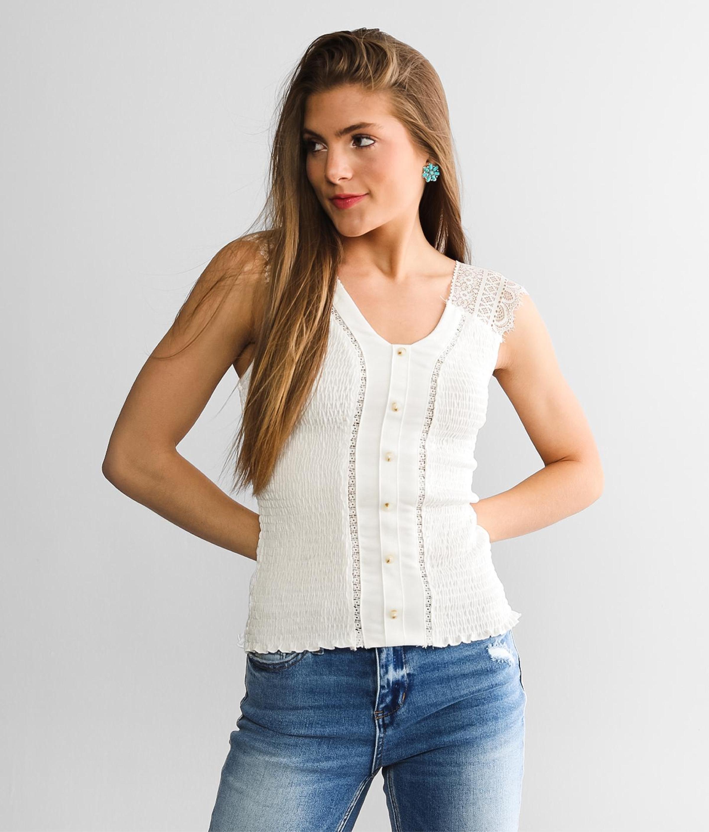 Daytrip Lace Smocked Bodice Tank Top in Cream (Natural) | Lyst