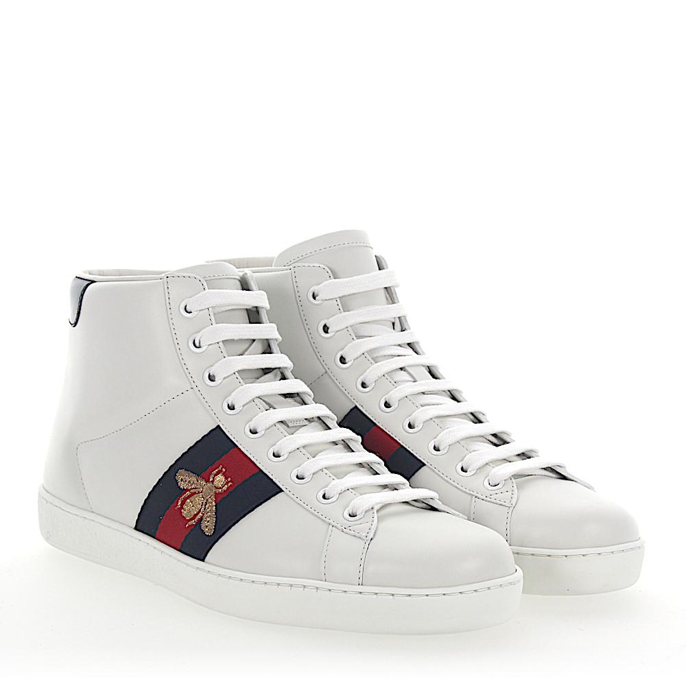 Gucci Ace Sneakers High-top Leather White Stripes Bees Embroidery Gold ...