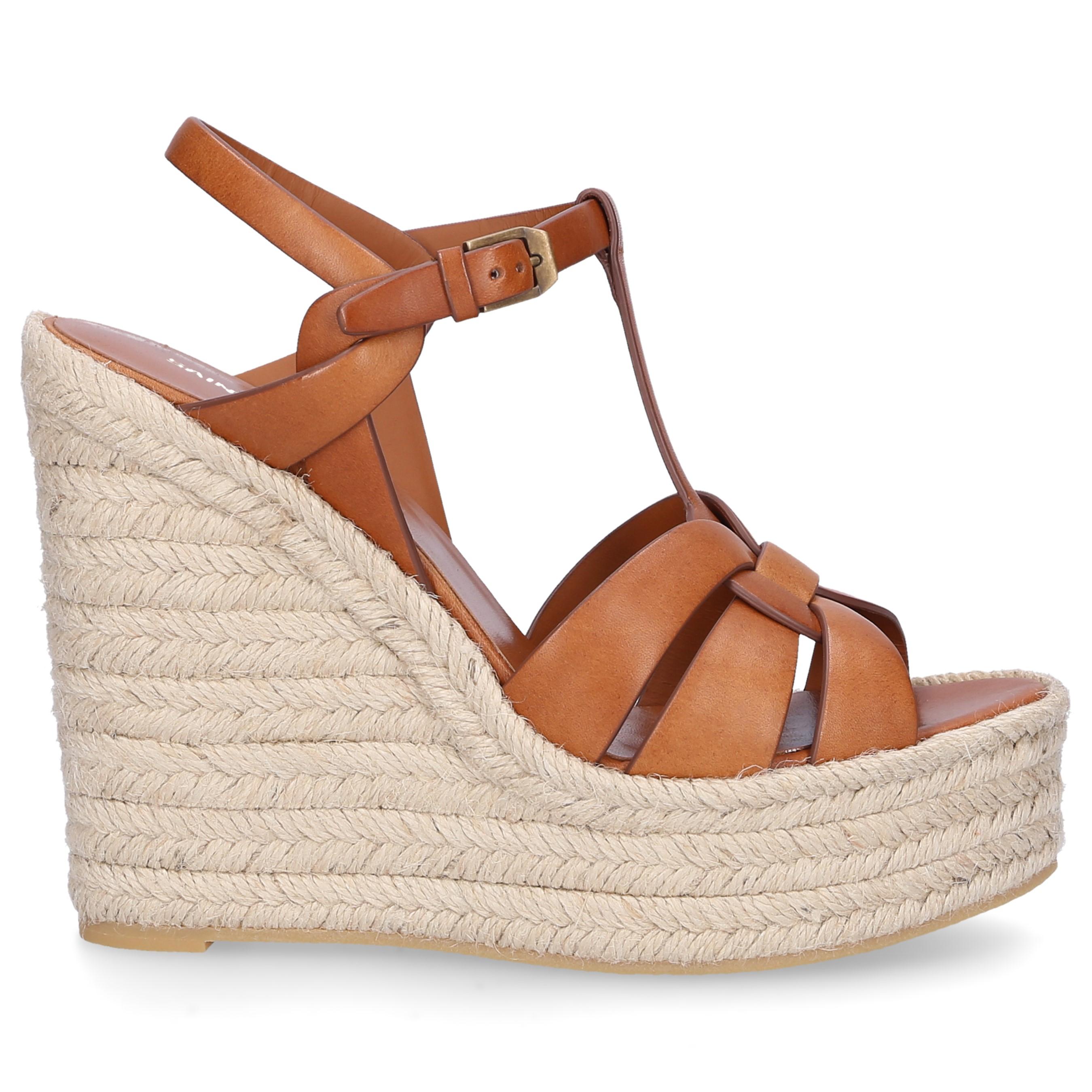 Saint Laurent Tribute Leather Espadrille Wedge Sandals in Tan (Brown