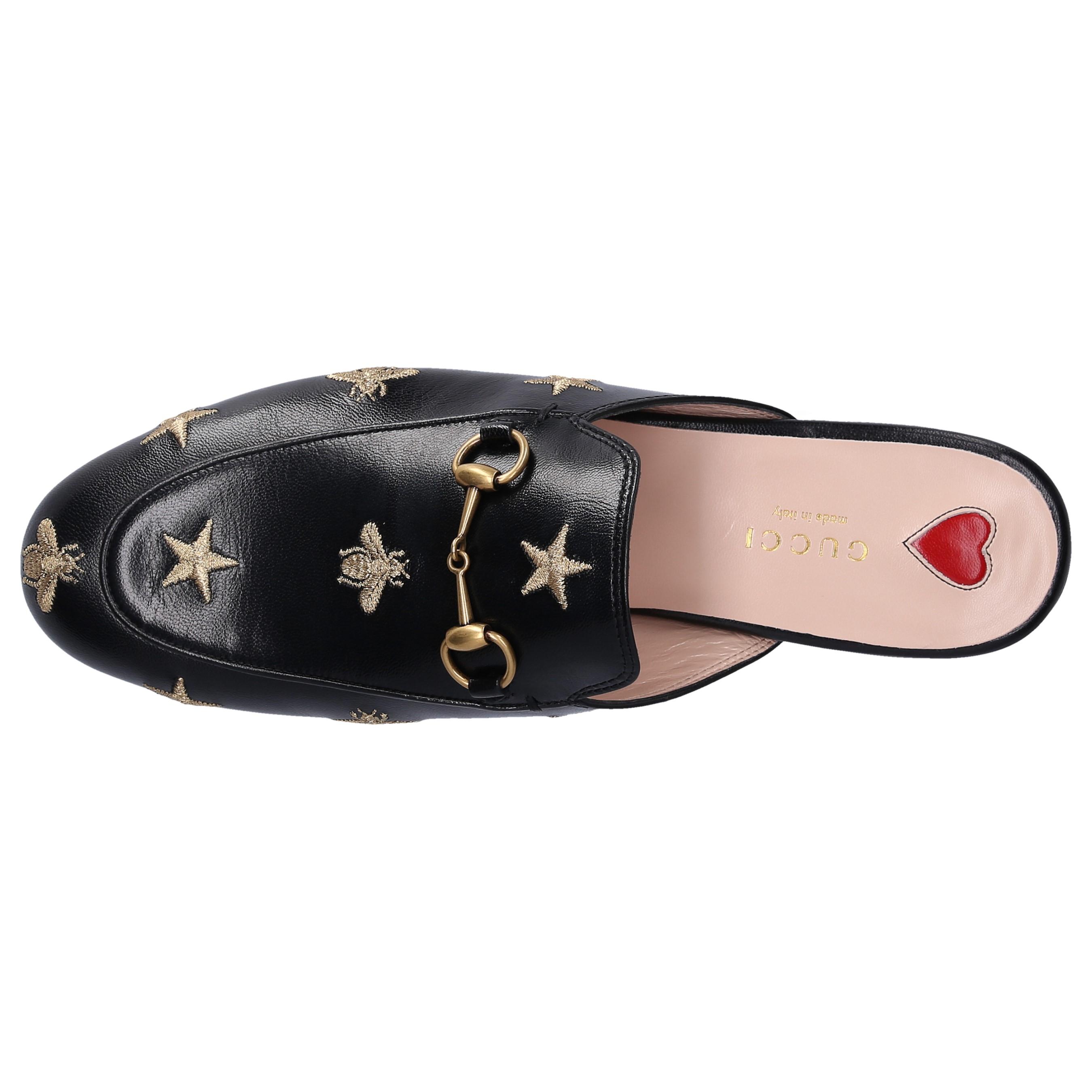 Gucci Leather Slip On Shoes D3v00 Calfskin Embroidery Logo Black Gold - Lyst