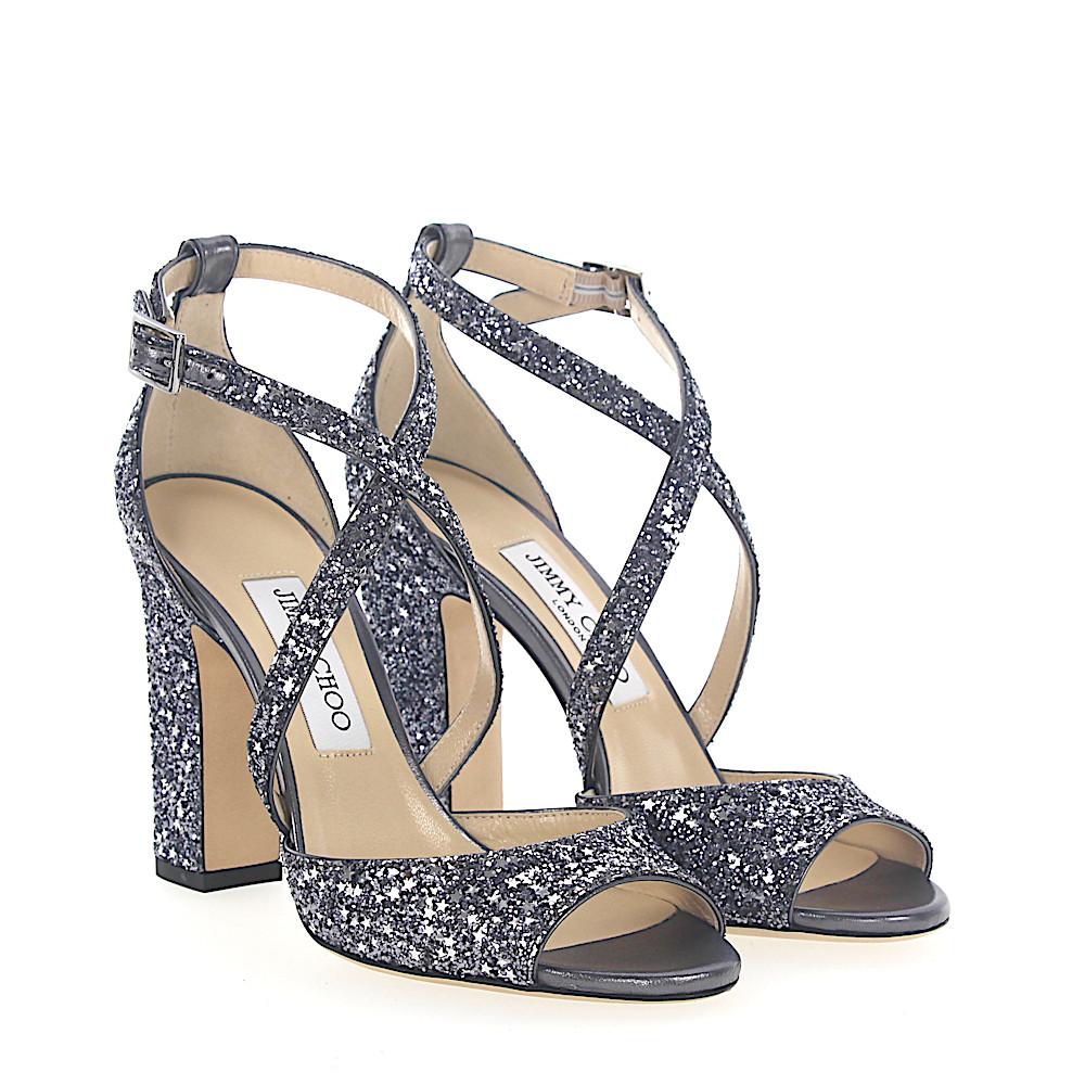 Jimmy Choo Leather Sandals Carrie 100 Fabric Silver Grey