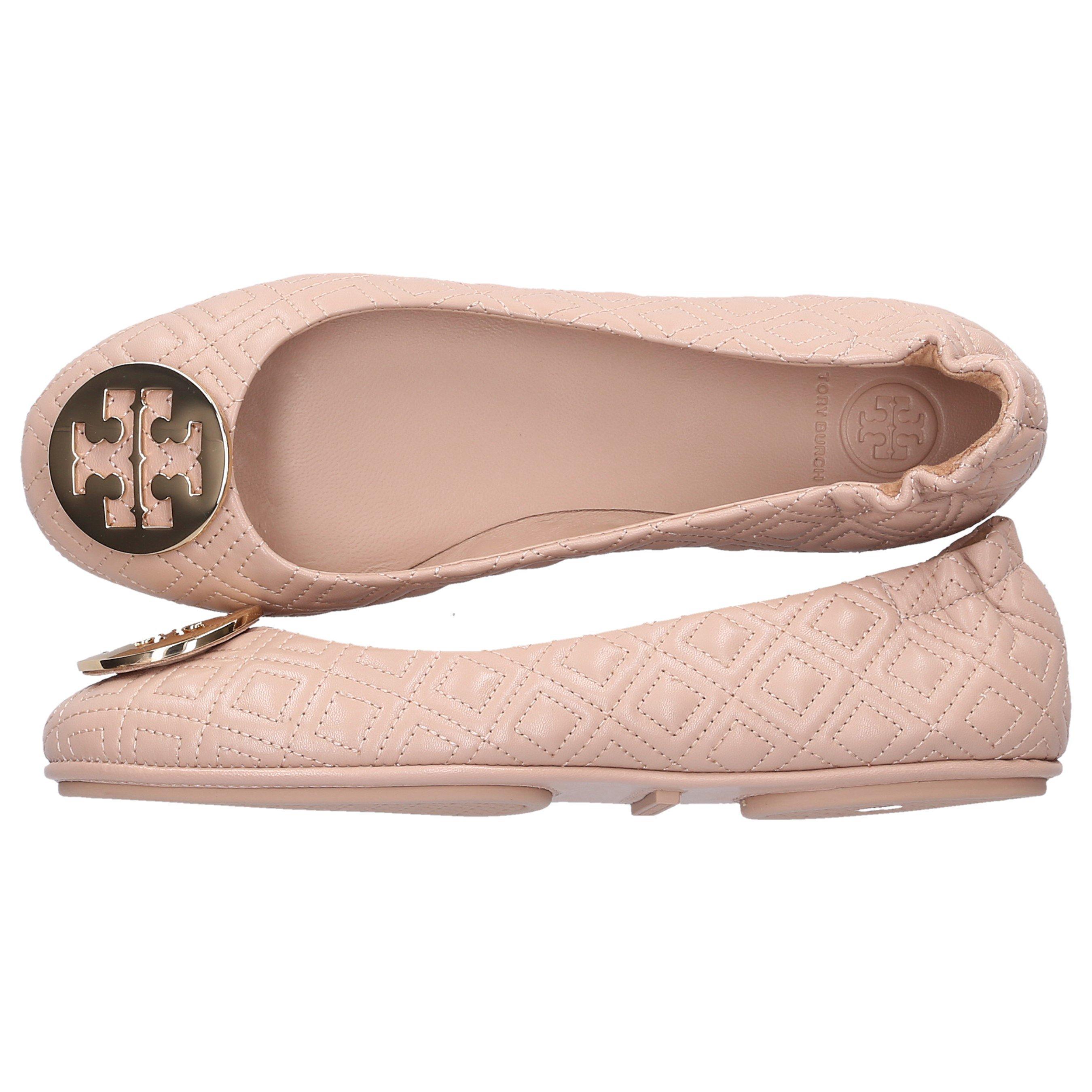 Tory Burch Leather Minnie Travel Ballet With Logo in Beige 