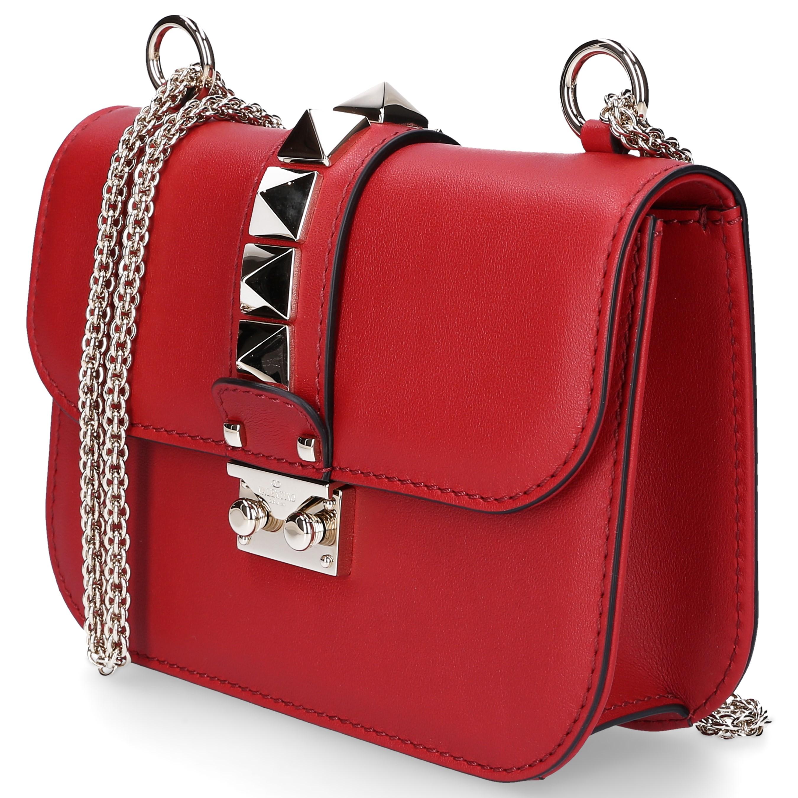 Valentino Women Handbag Glam Lock Leather Rivets Logo Red - Lyst