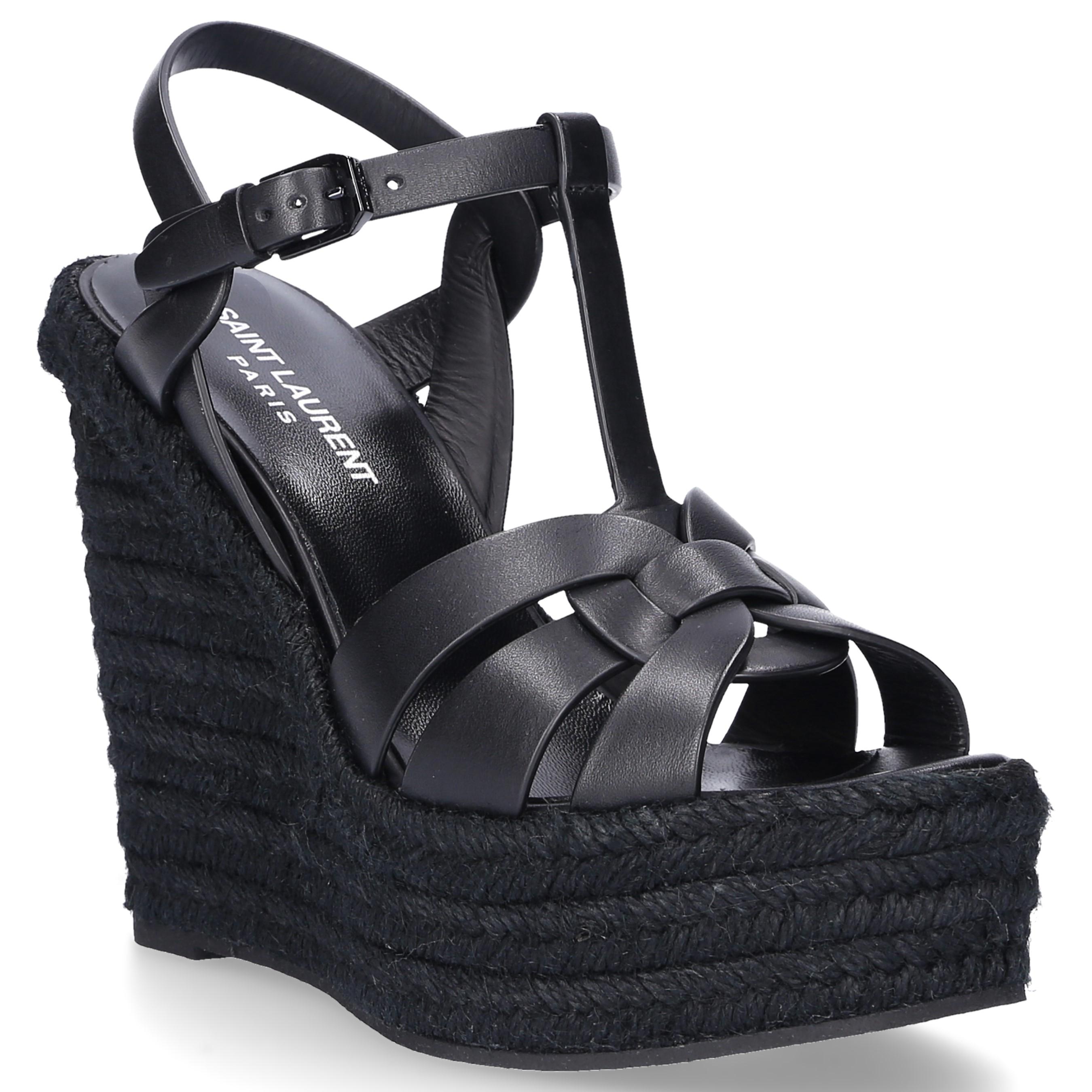 Saint Laurent Leather Wedge Sandals Bda00 Calfskin Rattan Black - Lyst