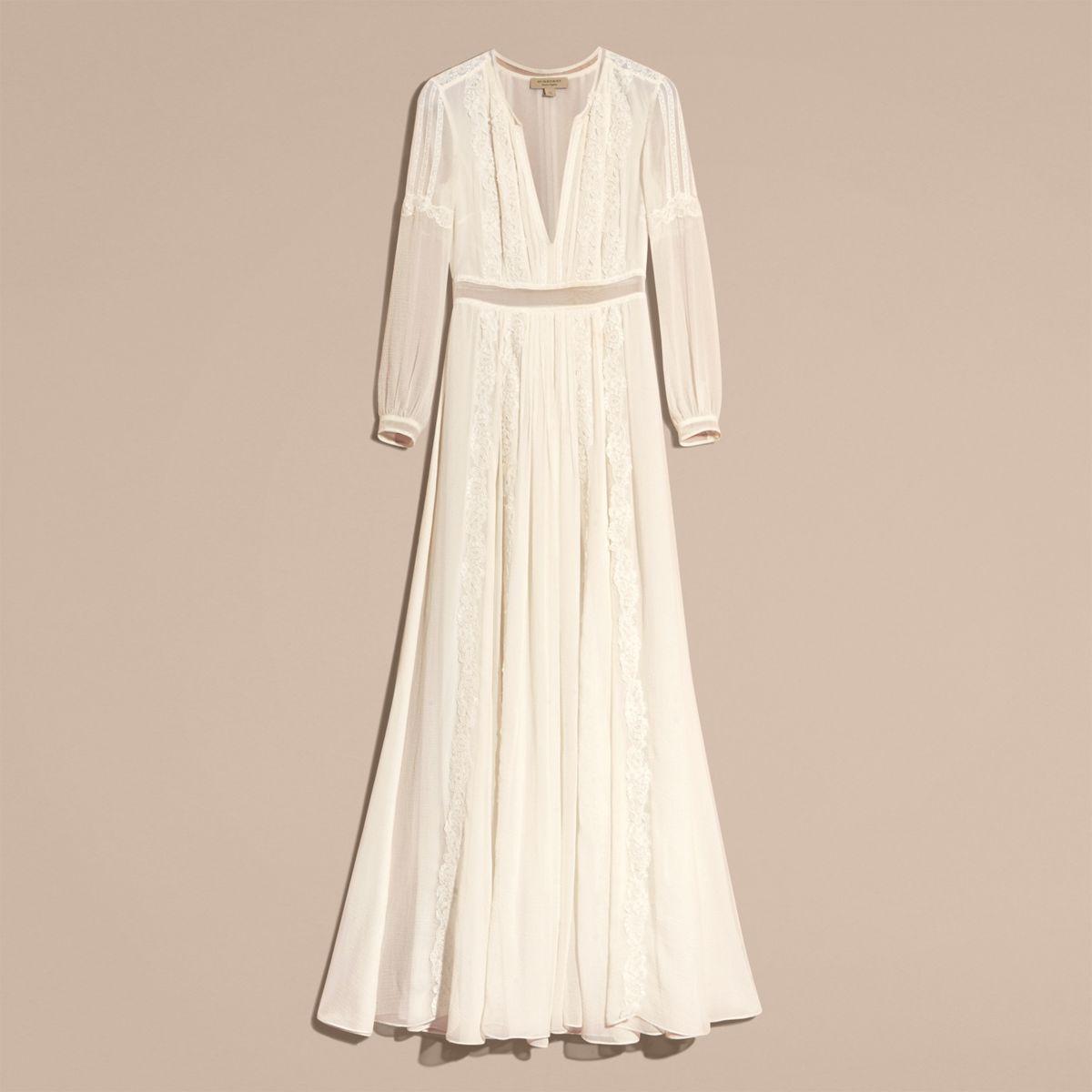Burberry Lace Detail Silk Crepon Floor-length Dress in Natural | Lyst