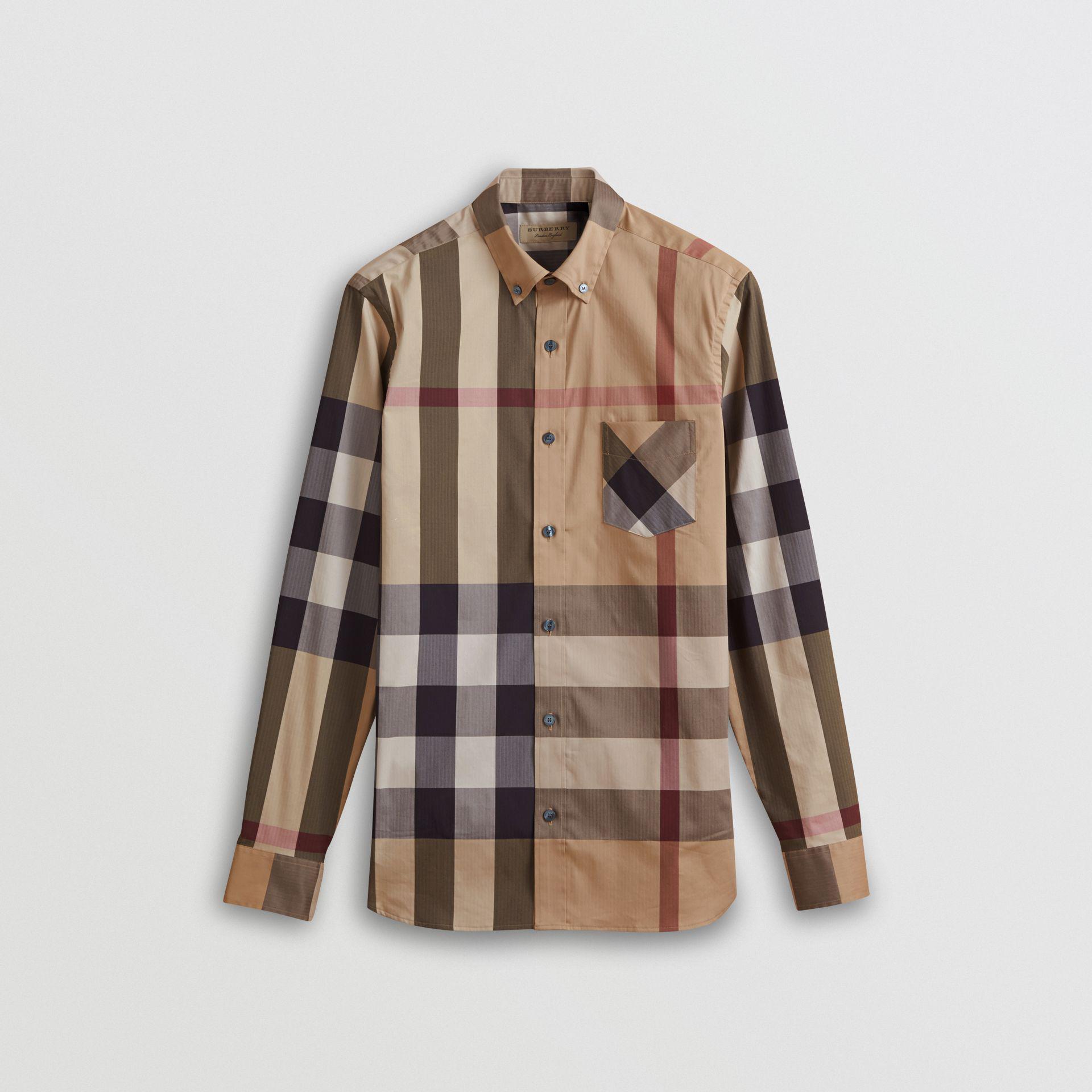 Burberry Button-down Collar Check Stretch Cotton Blend Shirt Camel in ...