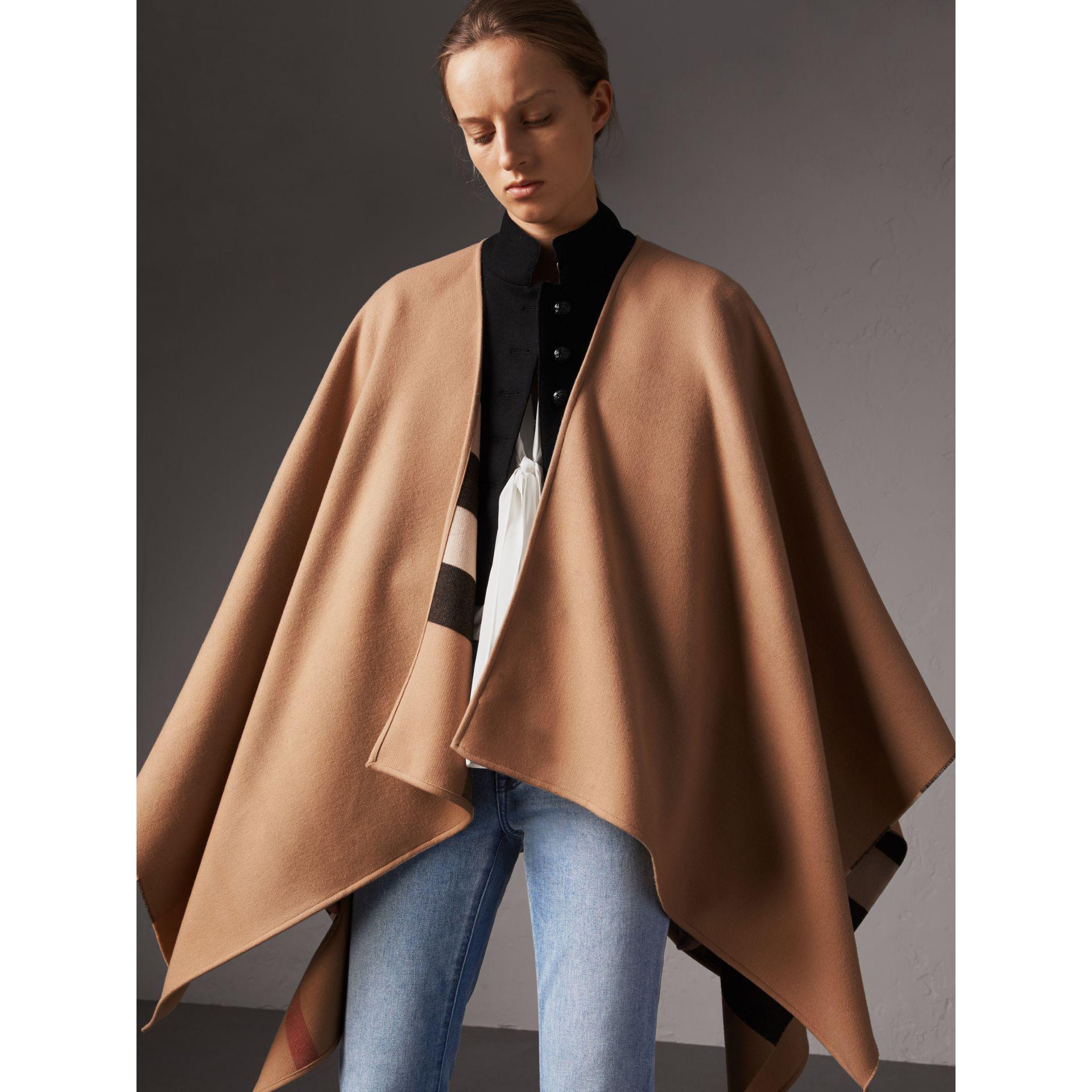 Check Merino Wool Poncho in Camel 