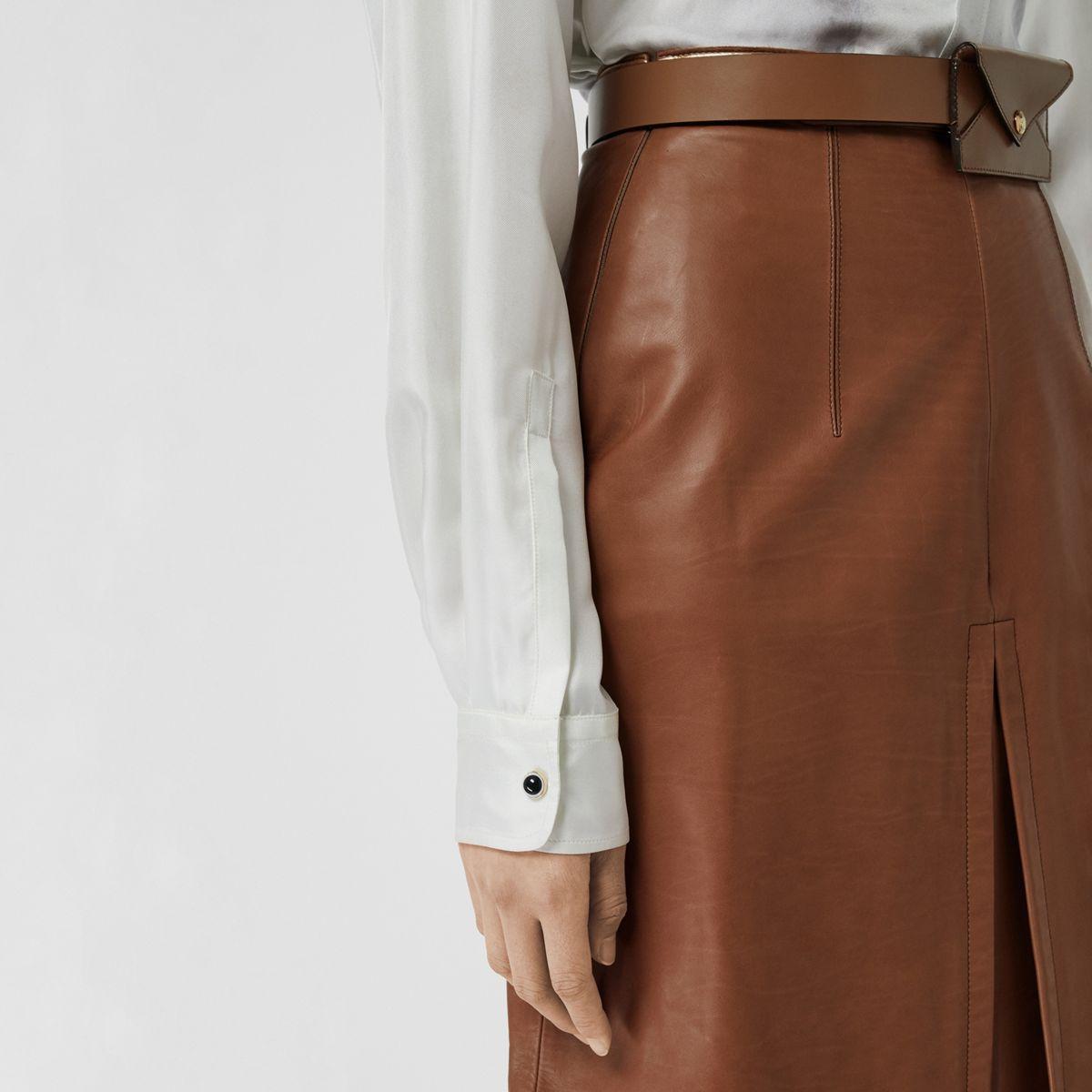 Burberry Box Pleat Detail Leather A-line Skirt in Brown | Lyst