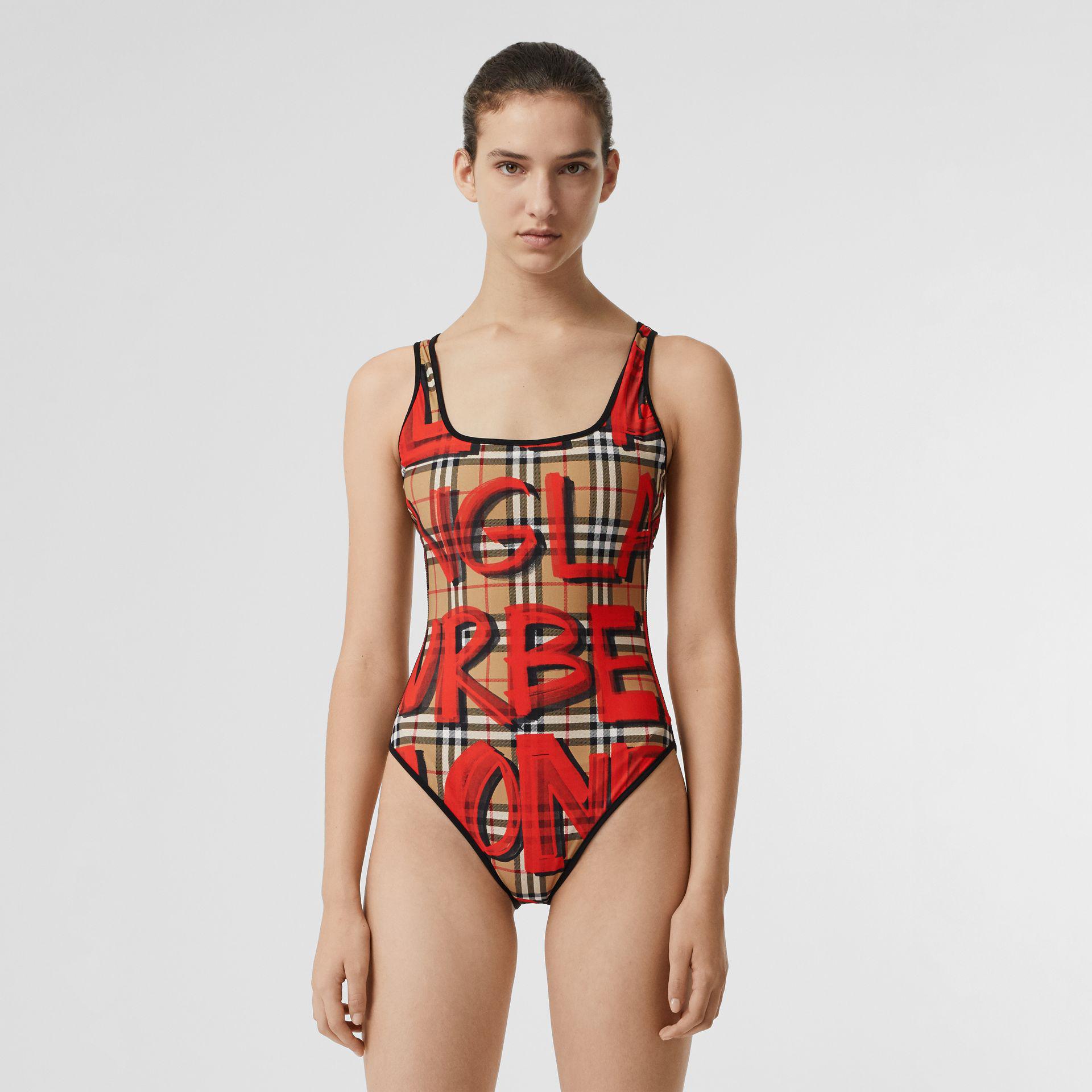 Burberry Graffiti Print Vintage Check Swimsuit in Red | Lyst
