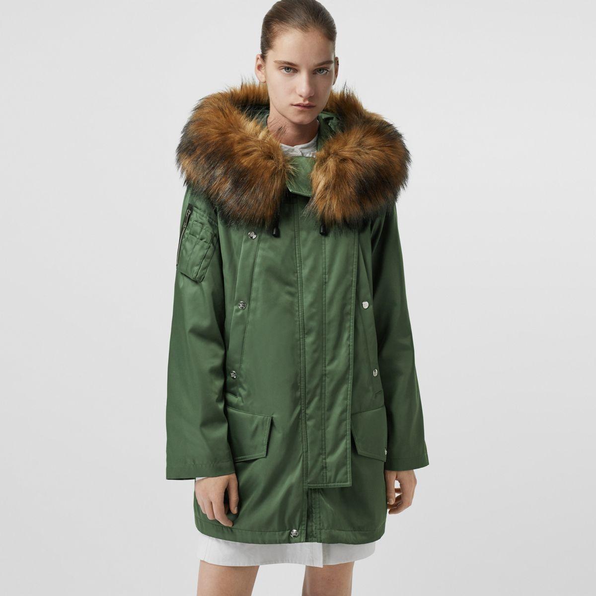 Burberry Synthetic Detachable Faux Fur Trim Hood Parka in Green | Lyst