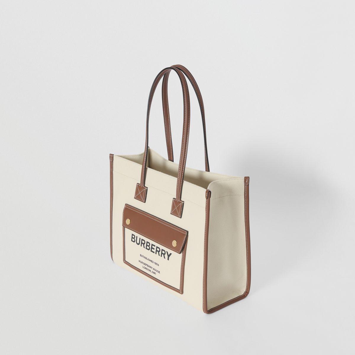 Burberry Two-tone Canvas And Leather Small Freya Tote in Natural/Tan  (Natural) | Lyst