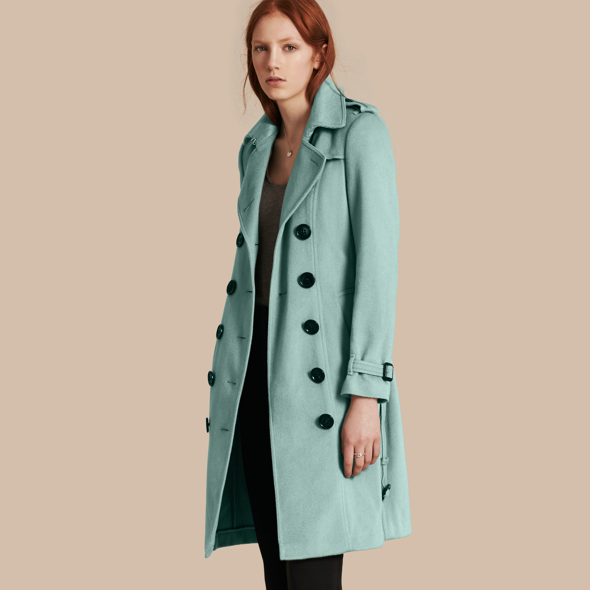mint green trench coat