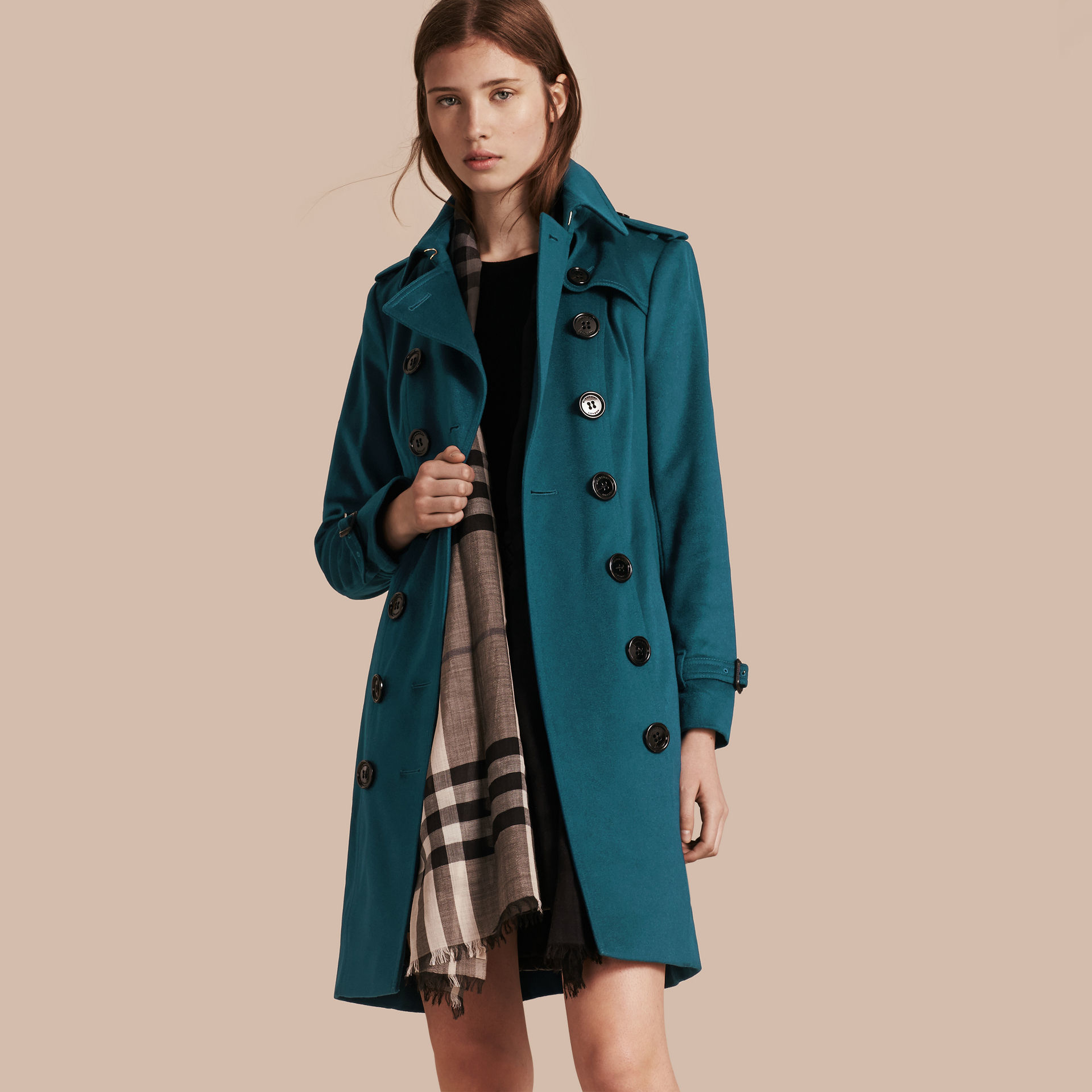 Burberry Sandringham Fit Cashmere Trench Coat Teal in Blue | Lyst