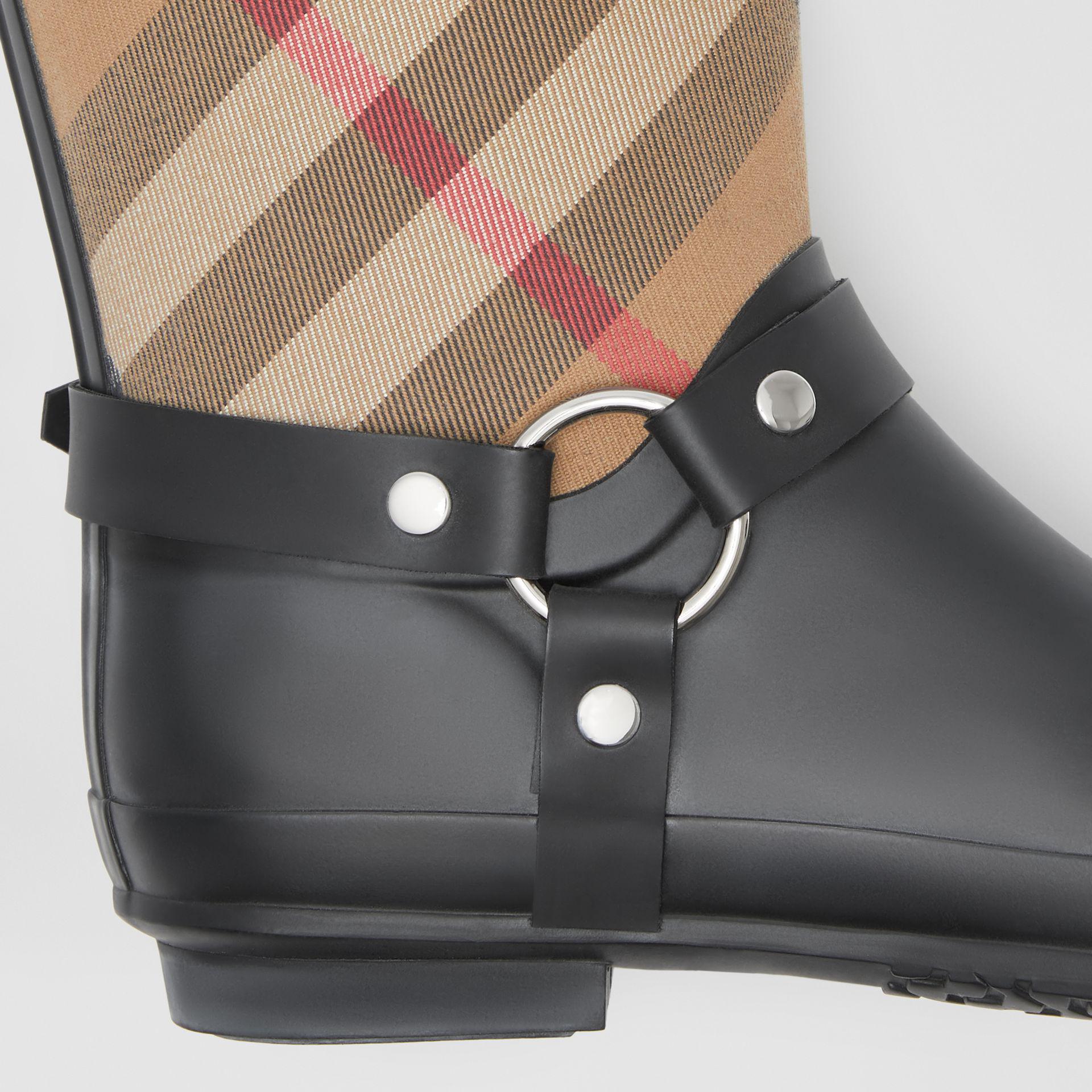 buckle and strap detail check rain boots