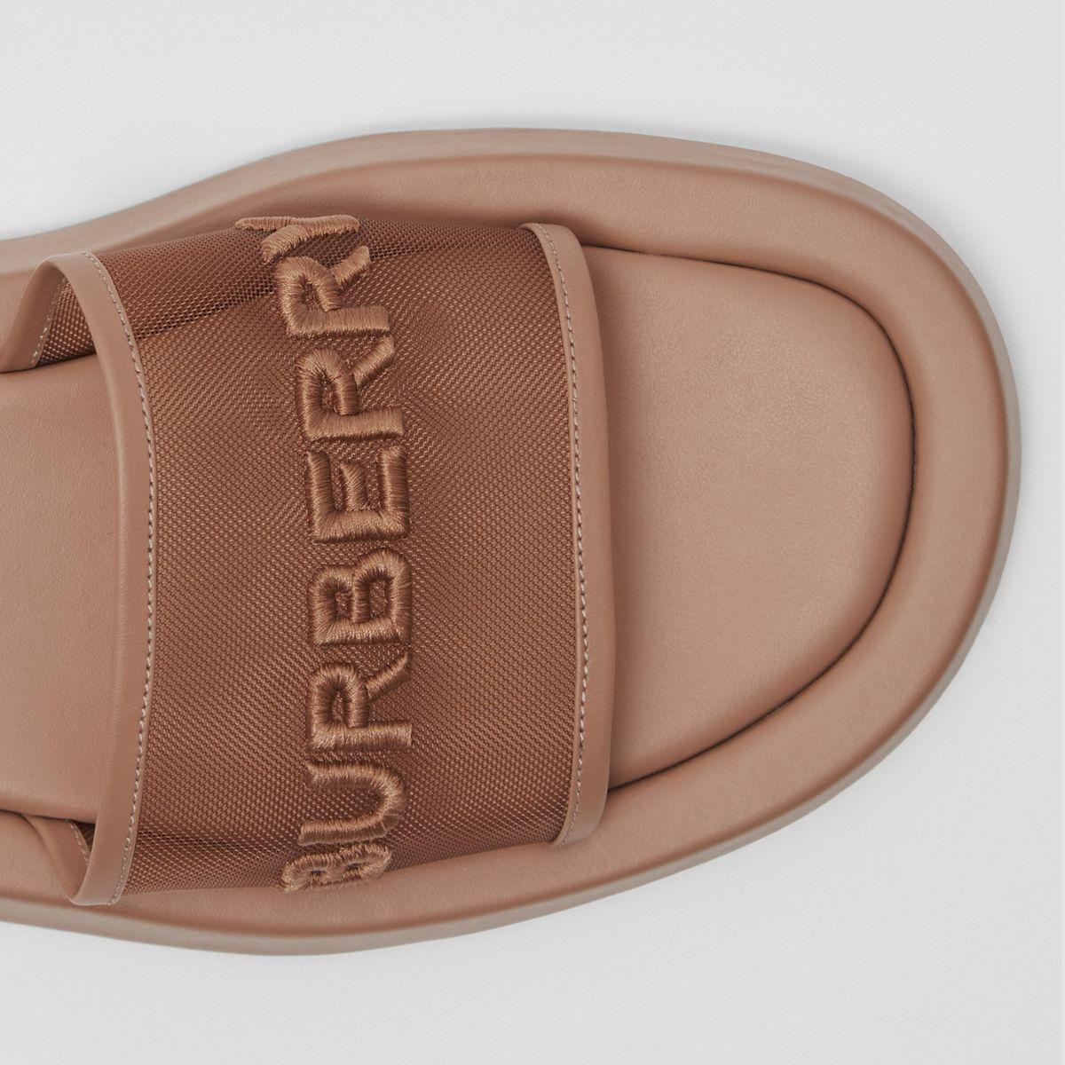 Burberry Embroidered Logo Mesh And Leather Slides in Camel 