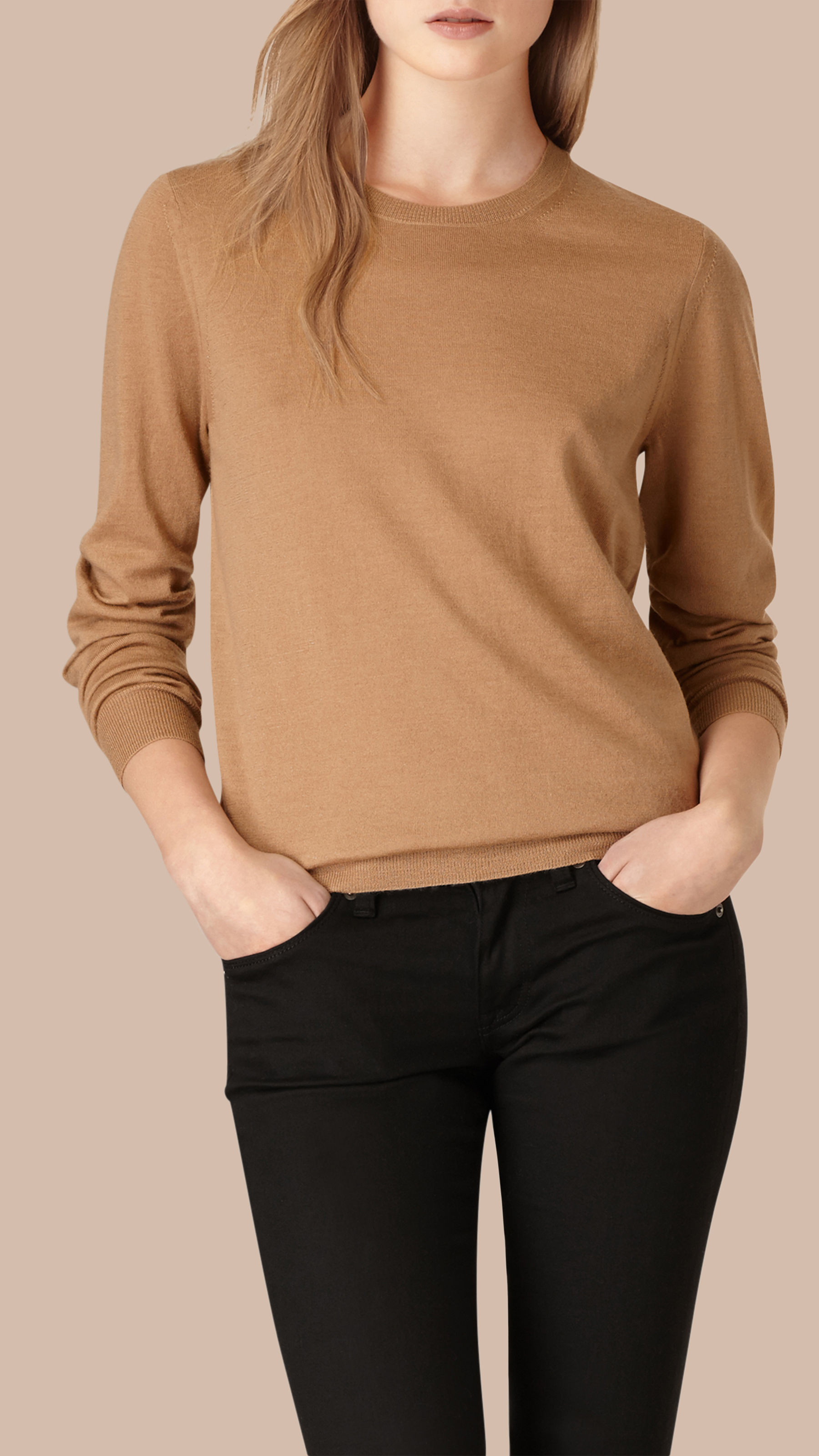 Burberry Wool Check Detail Merino Crew Neck Sweater Camel in Natural Lyst