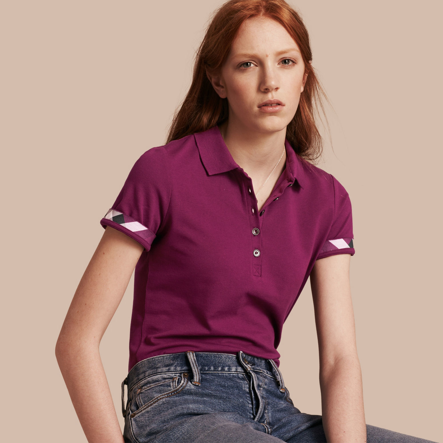 Burberry Check Trim Stretch Cotton Piqué Polo Shirt Magenta Pink in ...