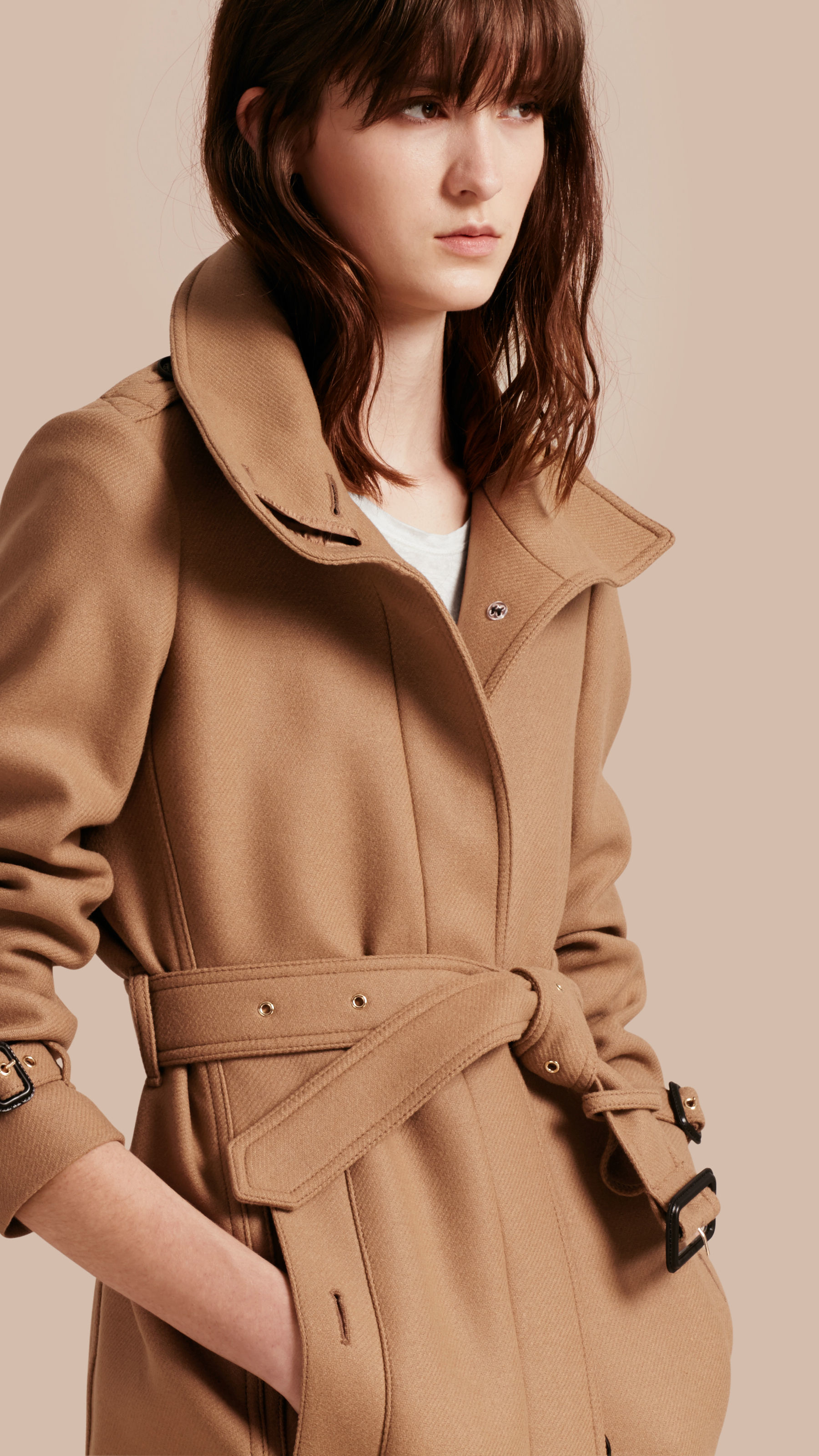 Burberry Technical Wool Cashmere Funnel Neck Coat Camel in Brown | Lyst