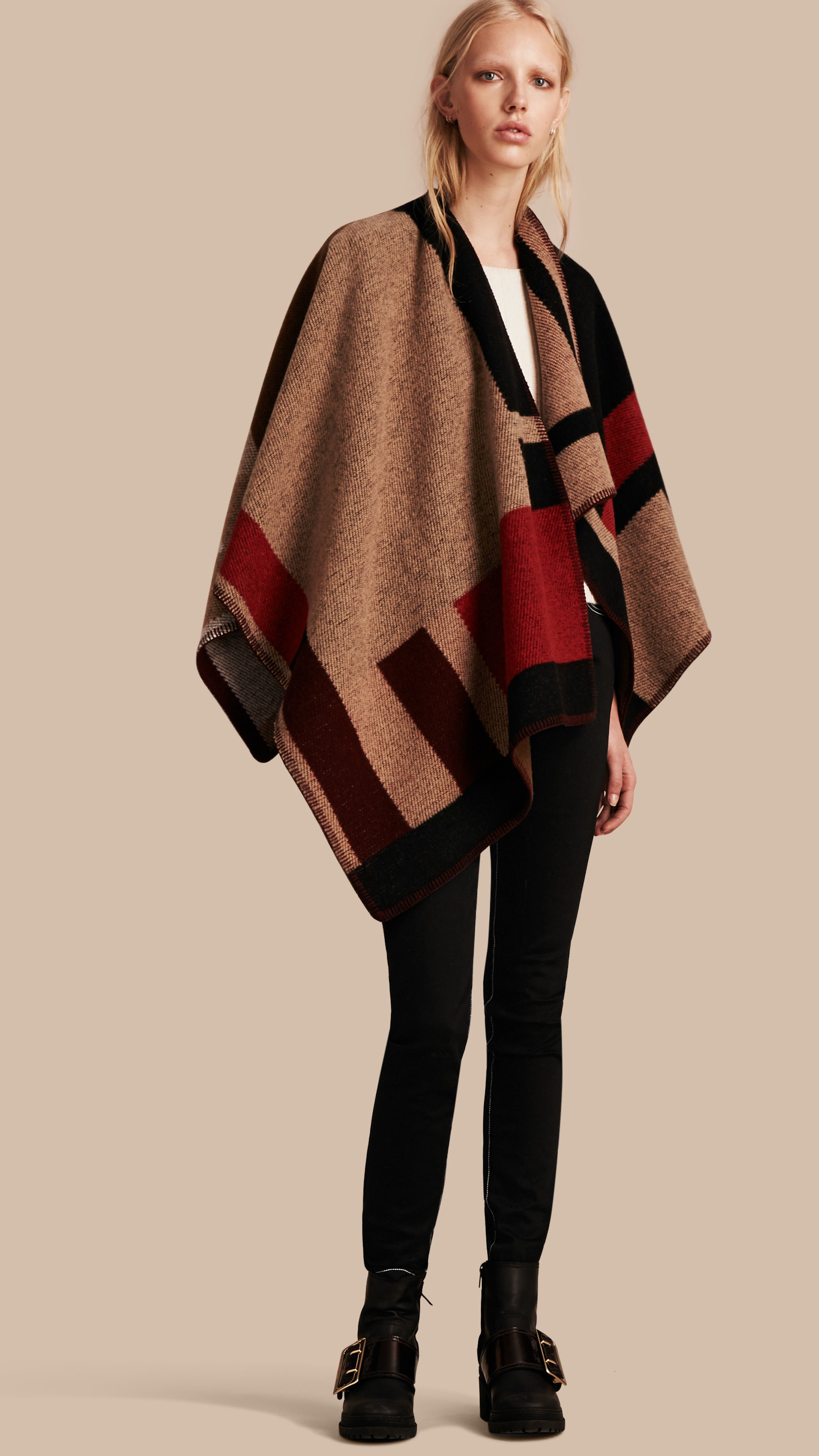 Lyst - Burberry Check Wool Cashmere Poncho Camel