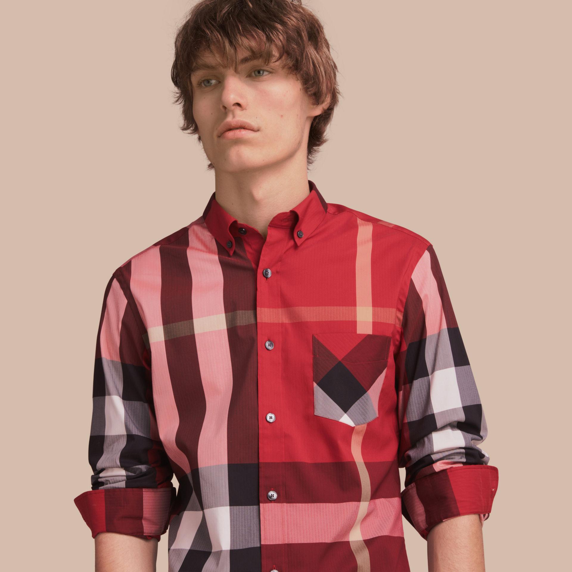 Burberry Button-down Collar Check Stretch Cotton Blend Shirt Parade Red ...