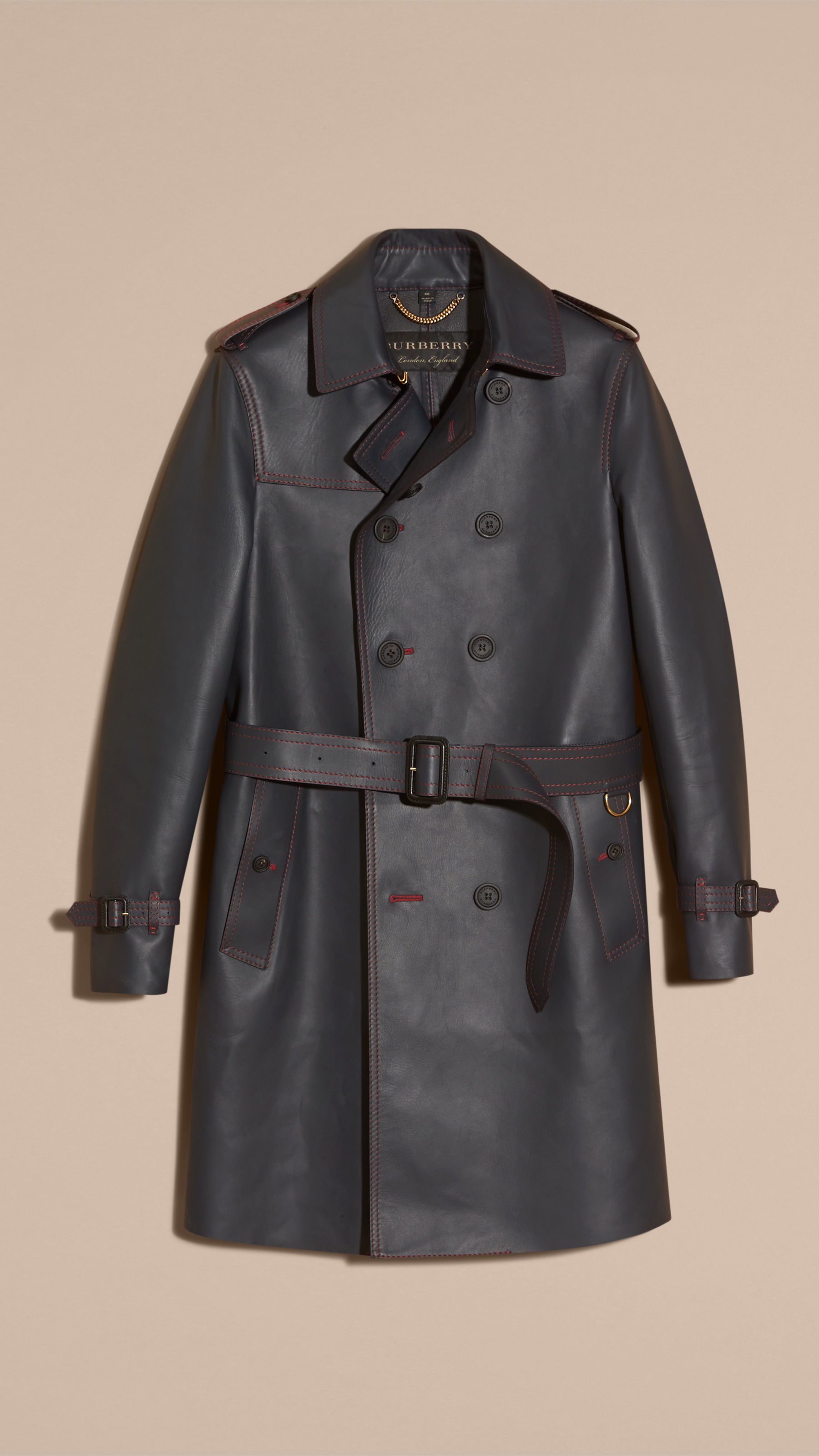 Burberry Leather Trim Cashmere Trench Coat Dark Mineral Blue in Black ...