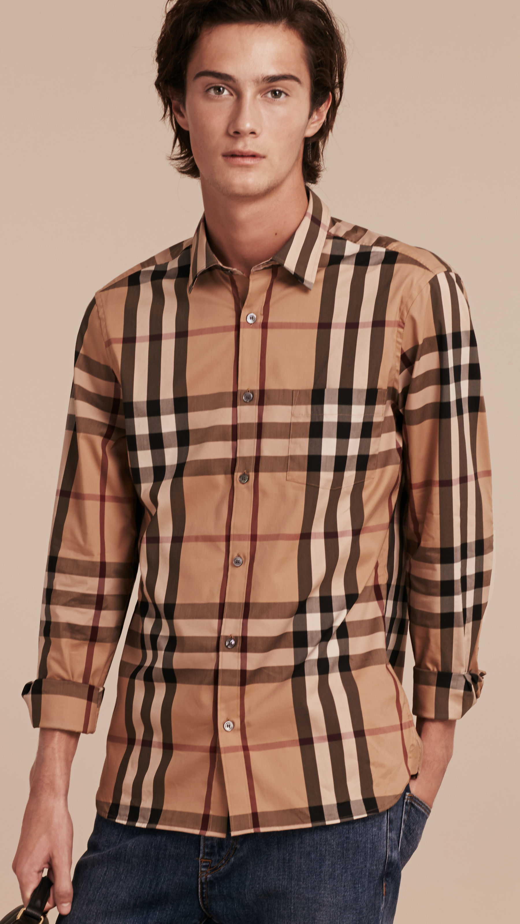 Lyst - Burberry Check Stretch Cotton Shirt Camel in Brown for Men