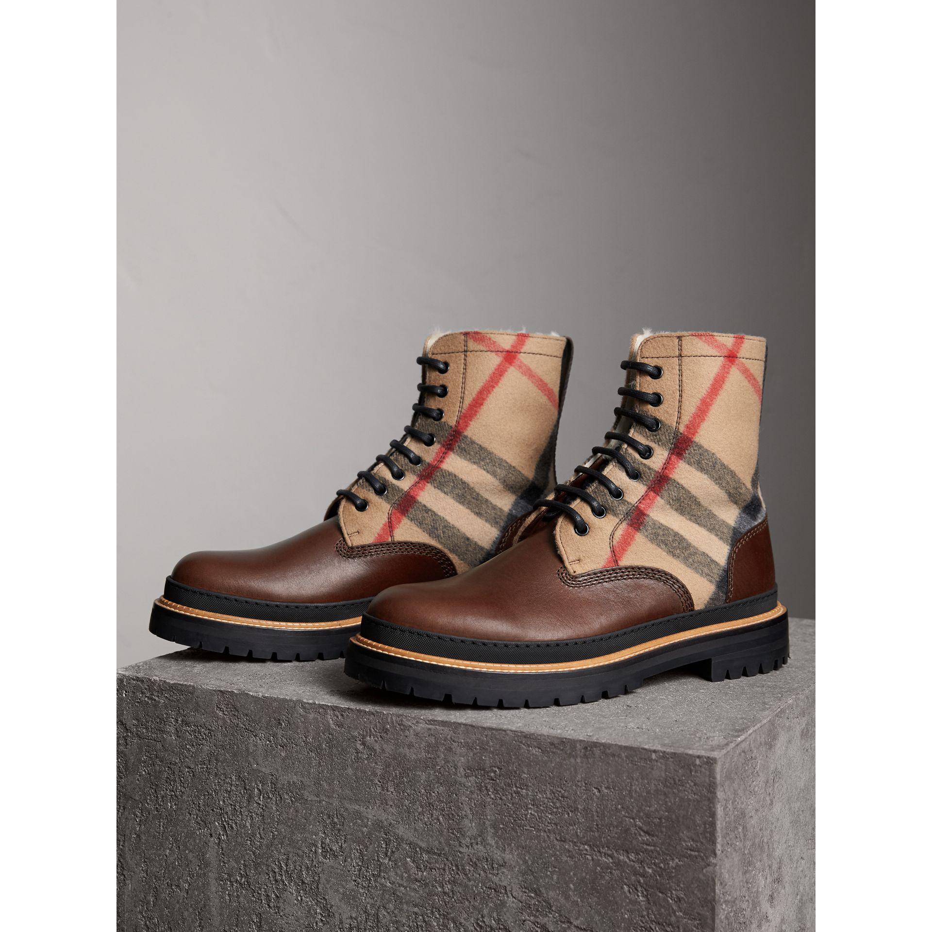 Burberry Shearling-lined Leather And Check Boots for Men | Lyst