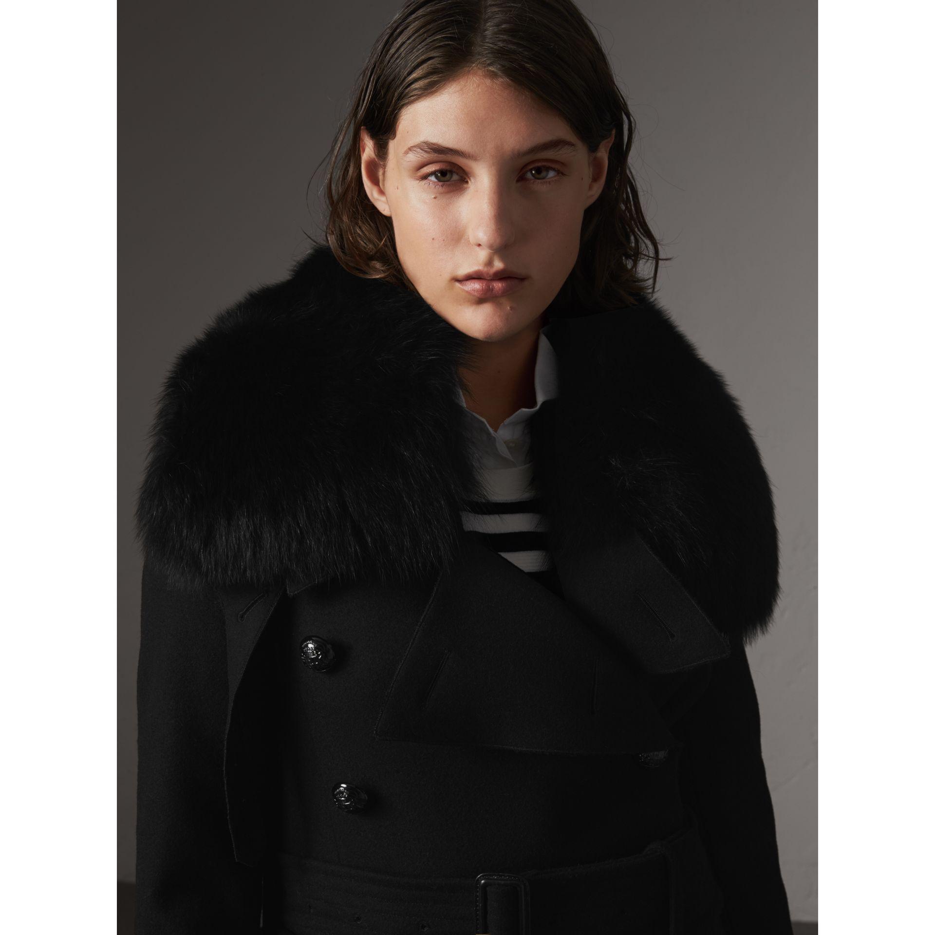Burberry Detachable Fox Fur Collar Wool Blend Trench Coat in Black | Lyst
