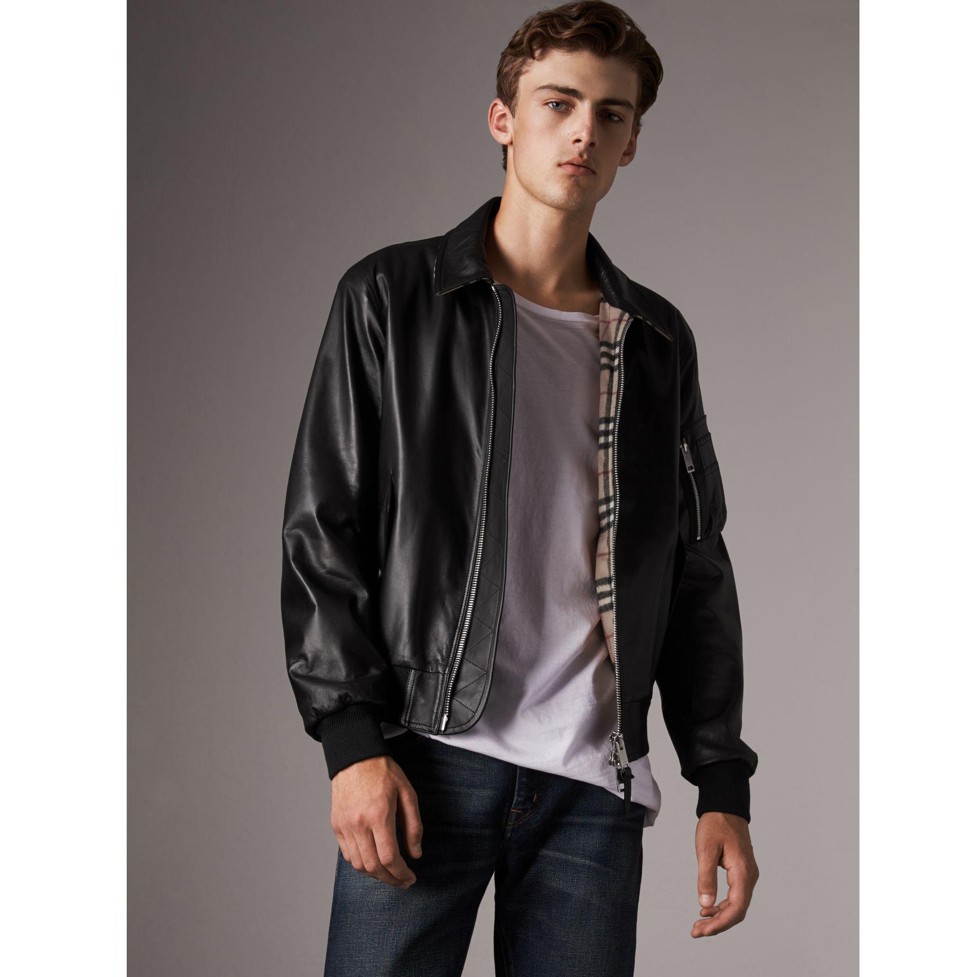 Mens Leather Bomber Jacket Wool Collar Photos