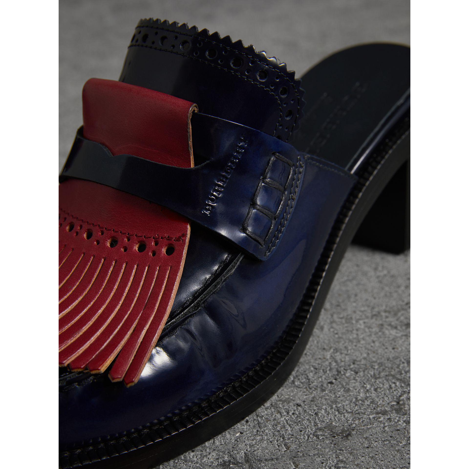 Burberry Contrast Kiltie Fringe Leather Block-heel Mules in Navy (Blue ...