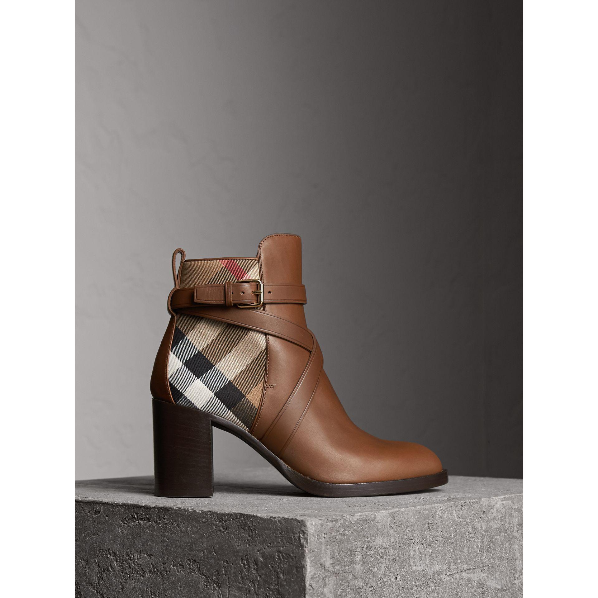 Burberry House Check And Leather Ankle Boots in Brown | Lyst