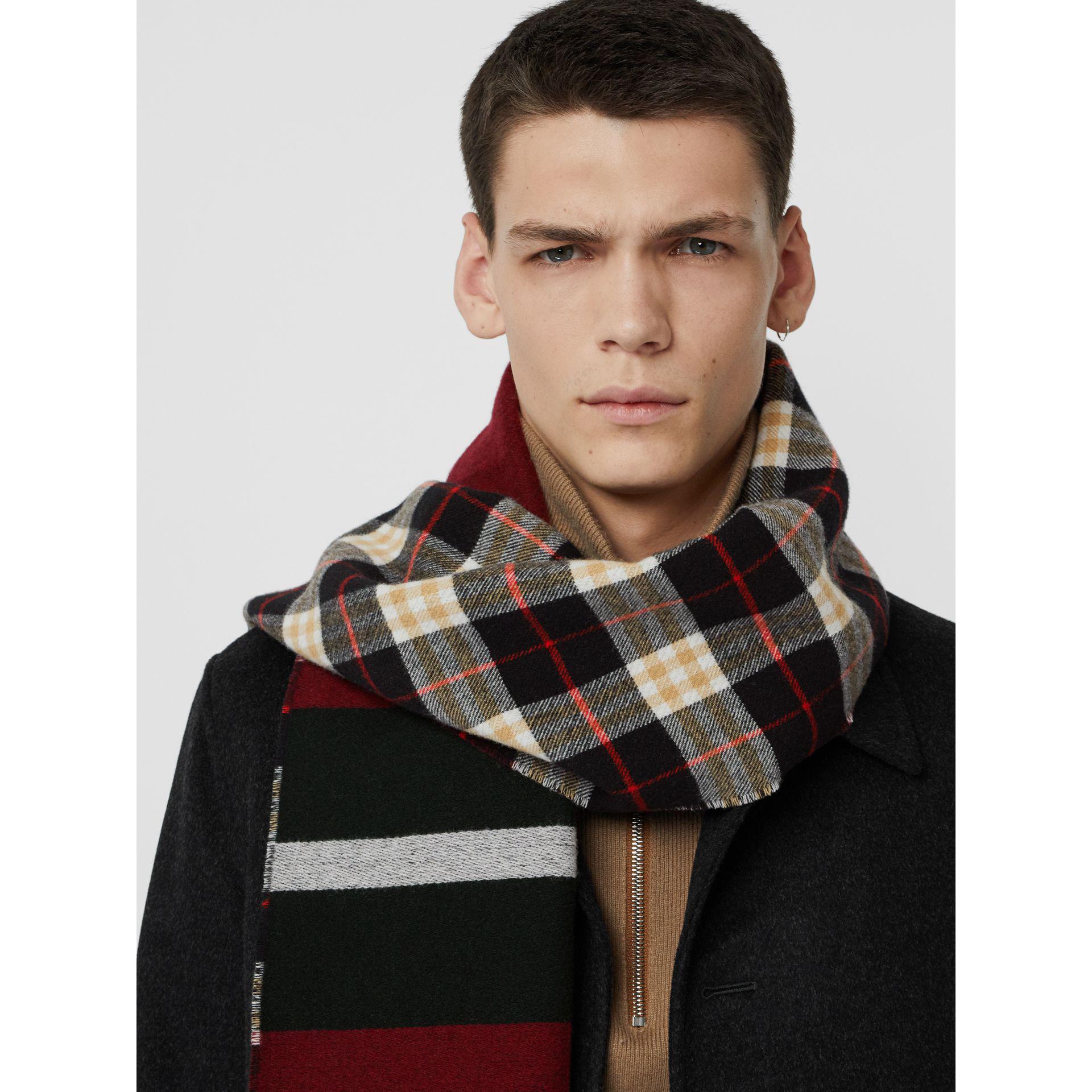 Reversible stripe and check wool cashmere scarf Clearance