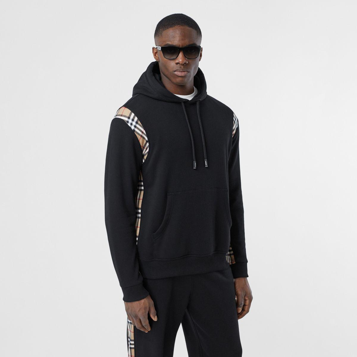 Burberry Vintage Check Panel Cotton Hoodie in Black for Men | Lyst