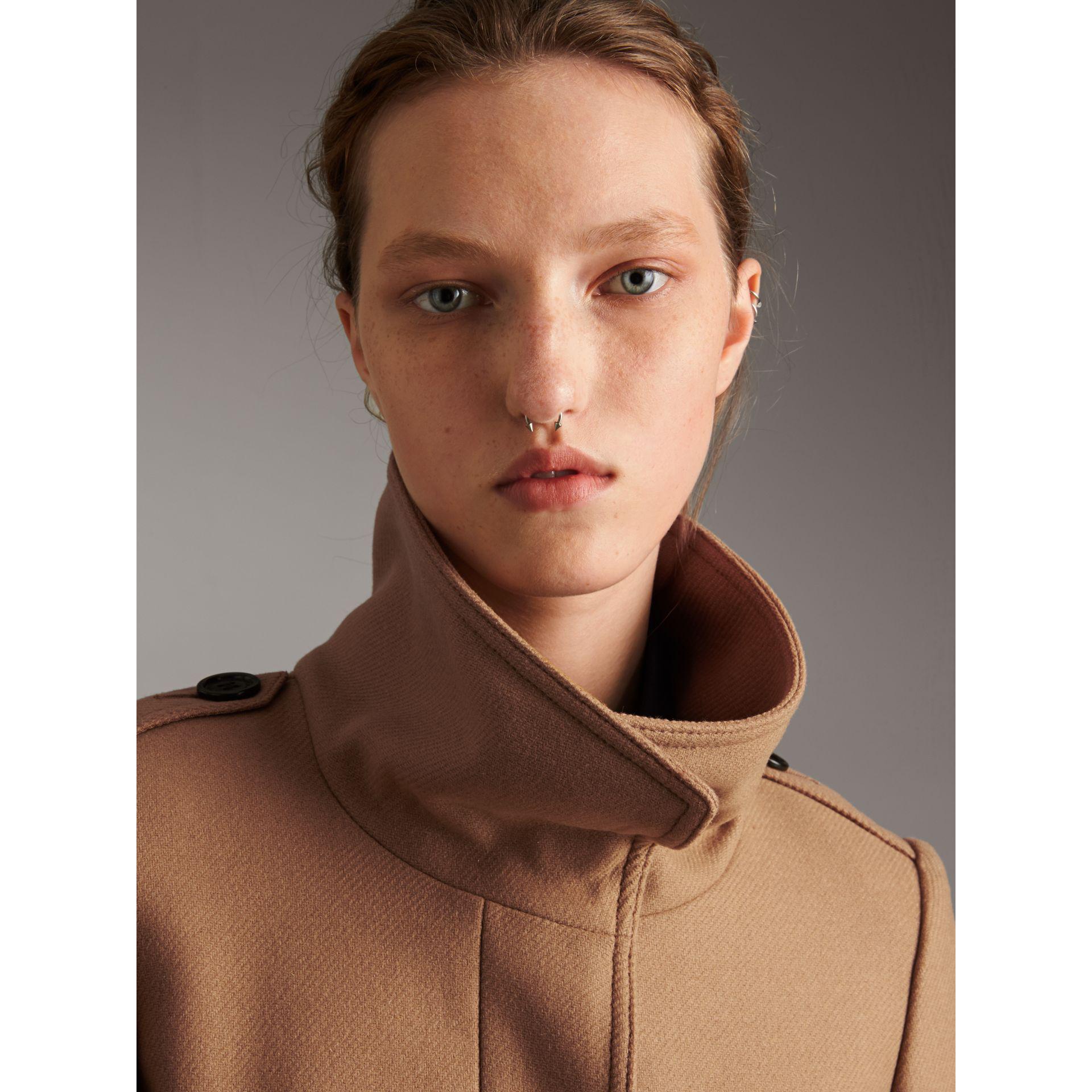 Technical Wool Cashmere Funnel Neck Coat Camel
