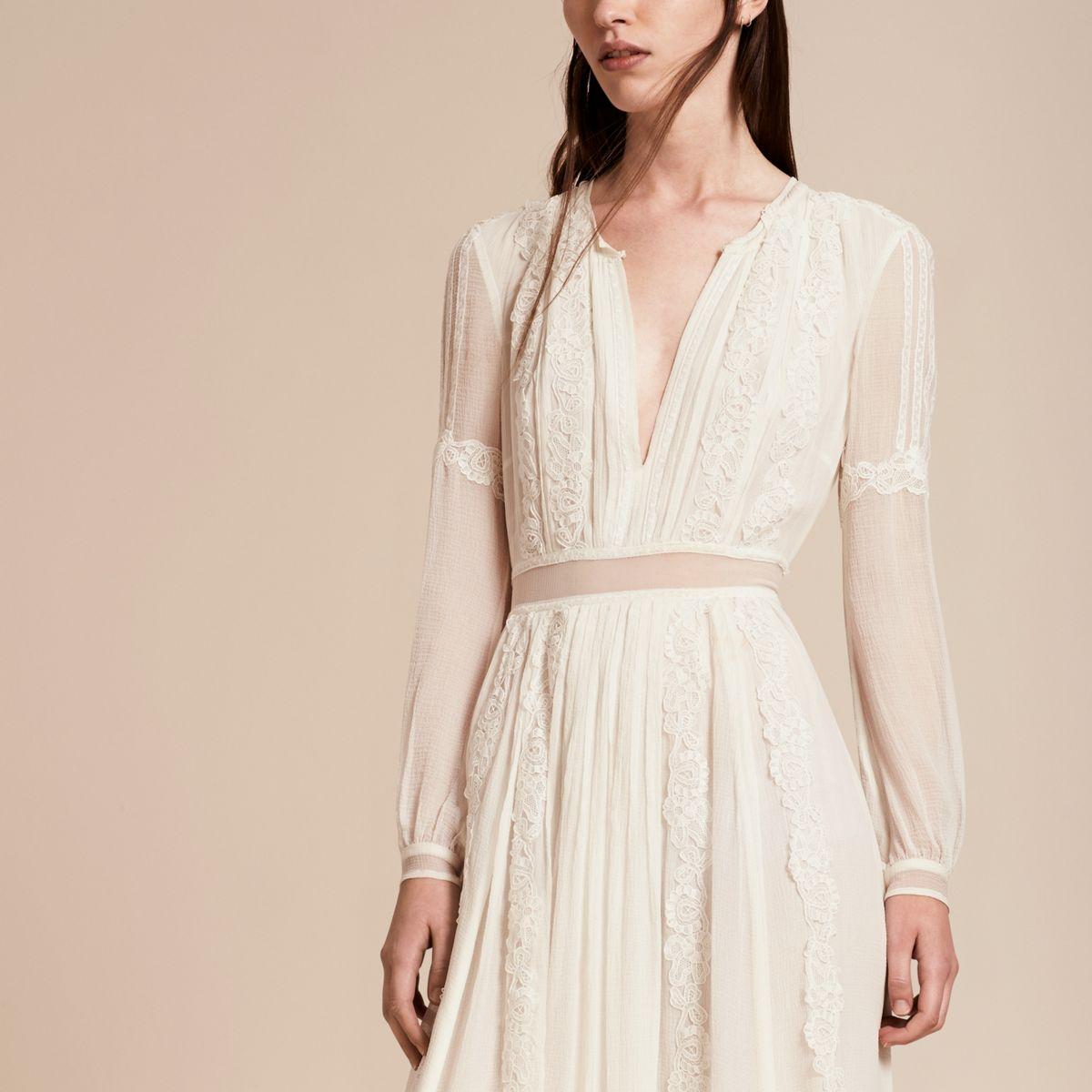 Burberry Synthetic Lace Detail Silk Crepon Floor-length Dress in White  (Natural) | Lyst