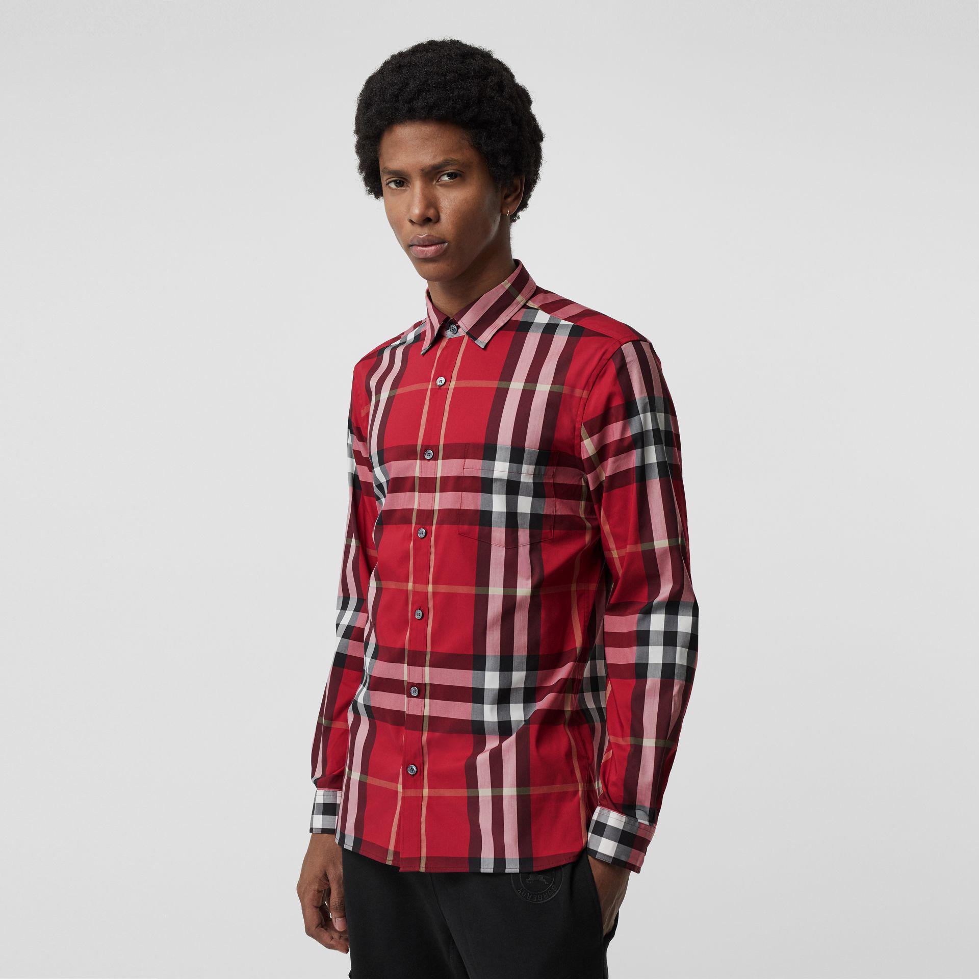 Burberry Check Stretch Cotton Shirt Parade Red for Men | Lyst