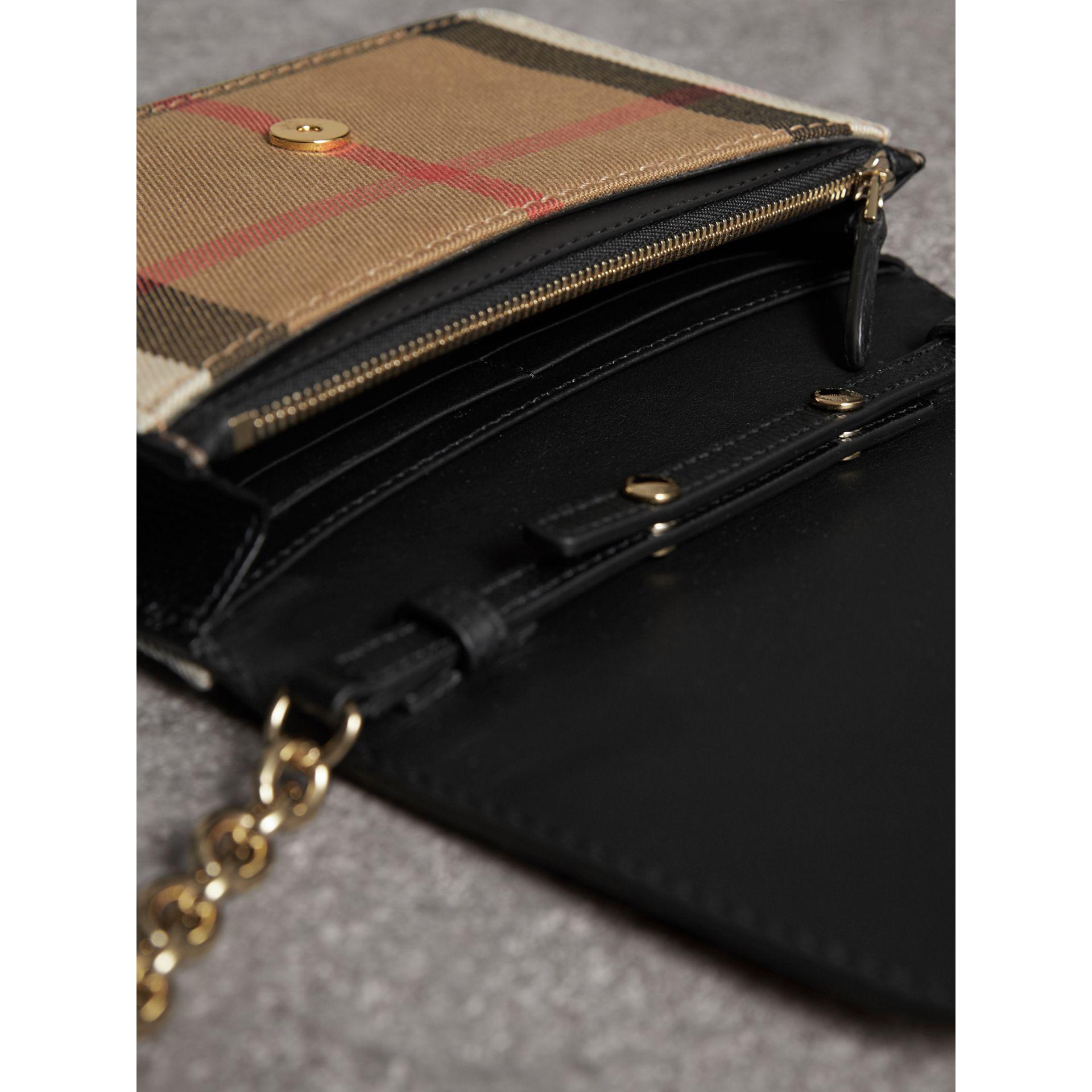 leather and house check wallet with detachable strap