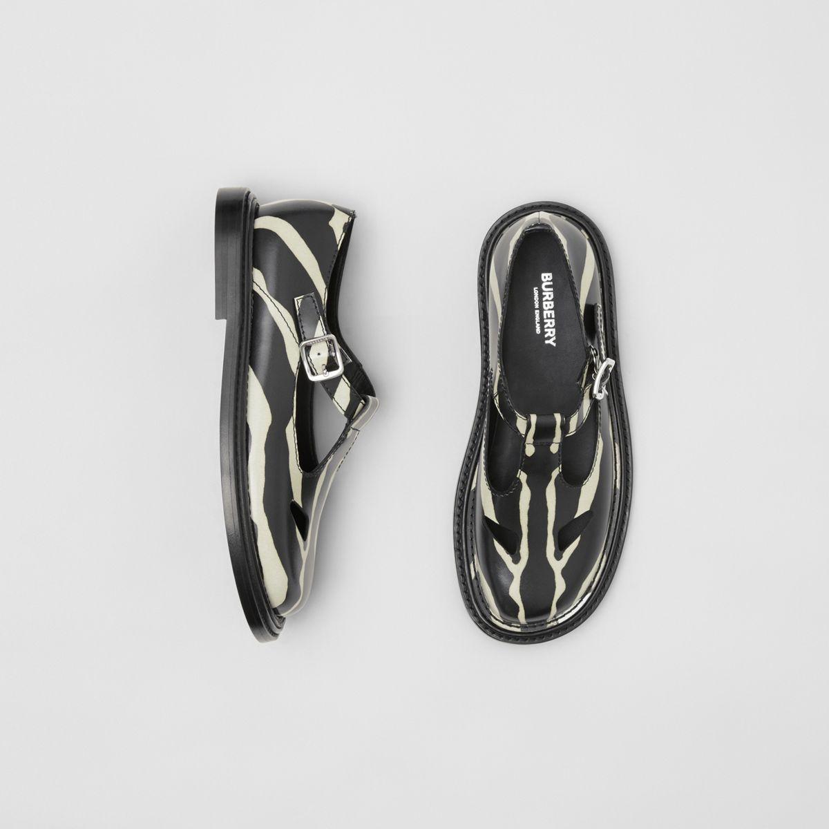 Burberry Zebra Print Leather T-bar Shoes in Black | Lyst