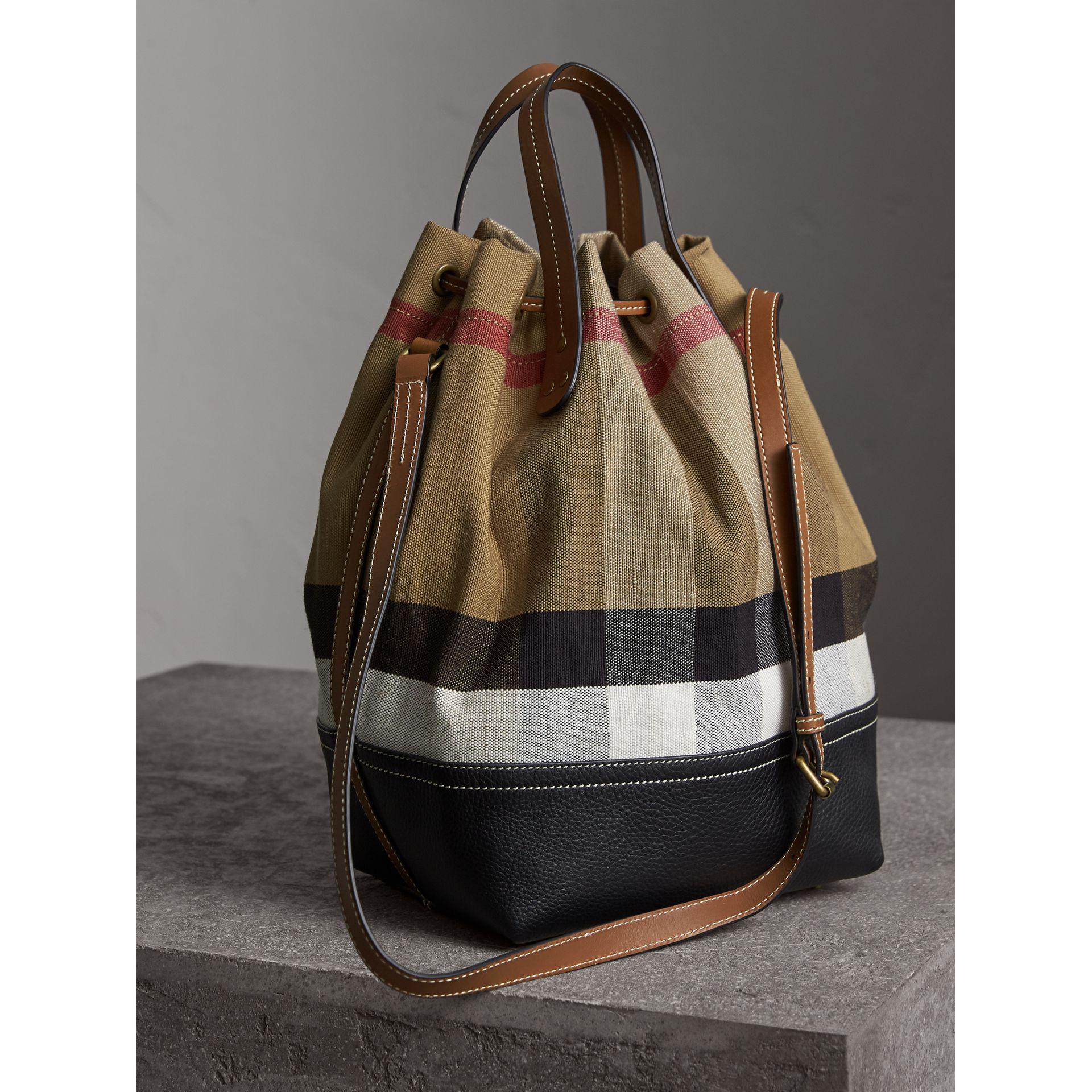 Beige Vintage Check Coated Canvas Bucket Bag