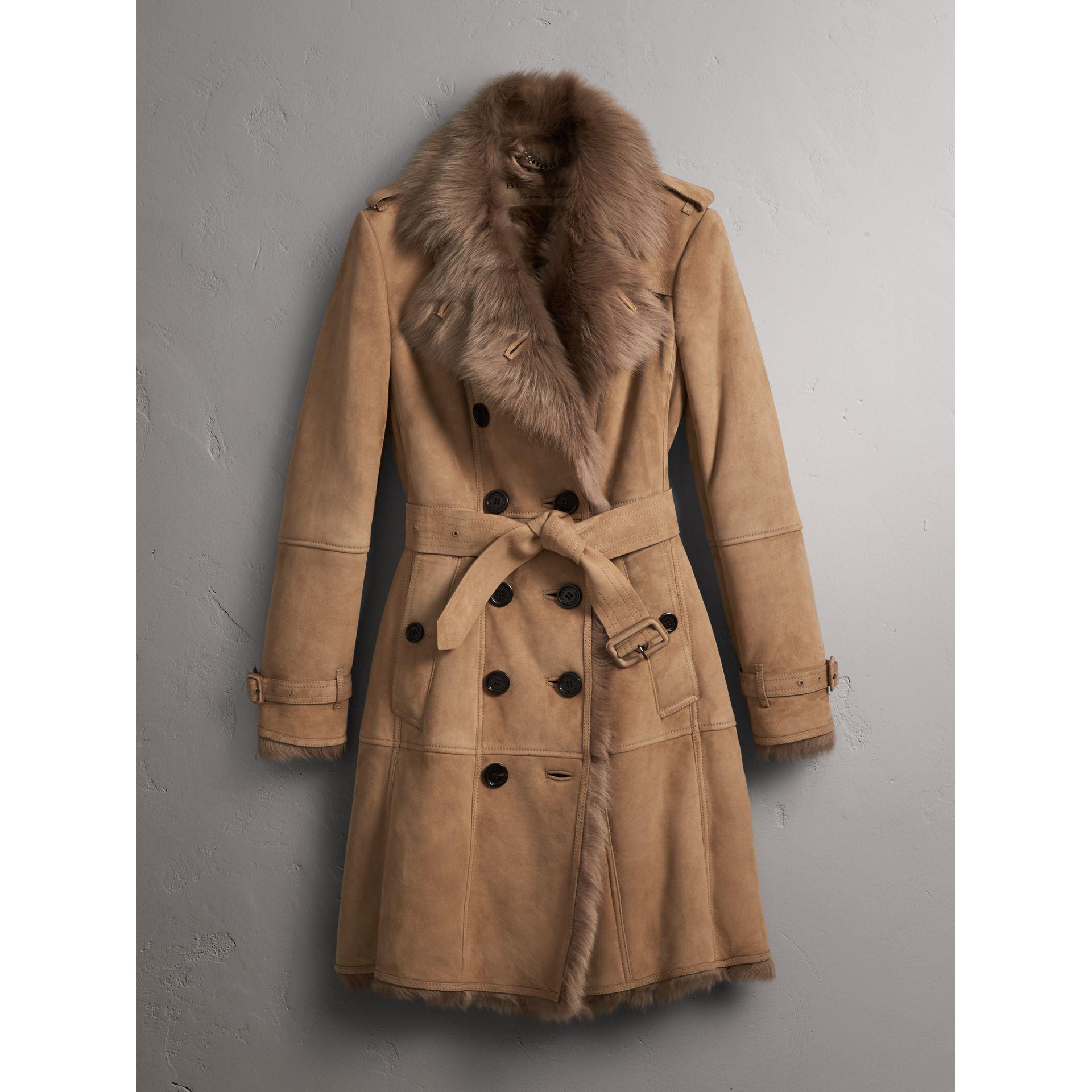 Burberry Fur Shearling Trench Coat Camel - Lyst
