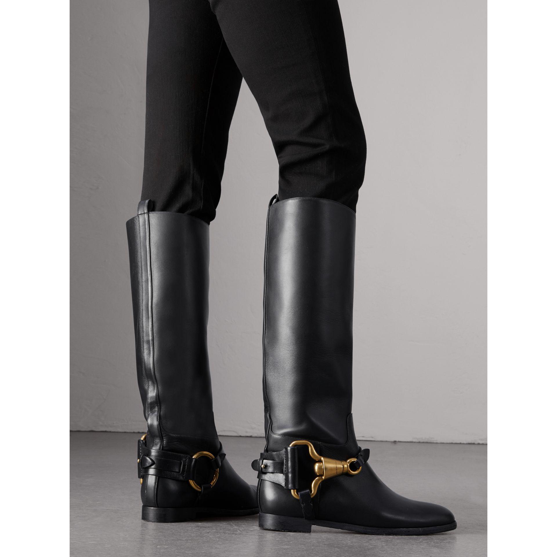 Burberry Equestrian Detail Leather Riding Boots in Black