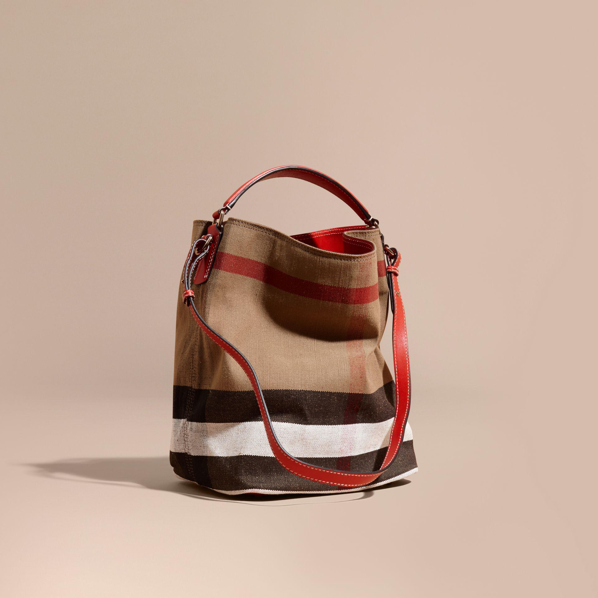 Burberry The Medium Ashby In Canvas Check And Leather Cadmium Red | Lyst