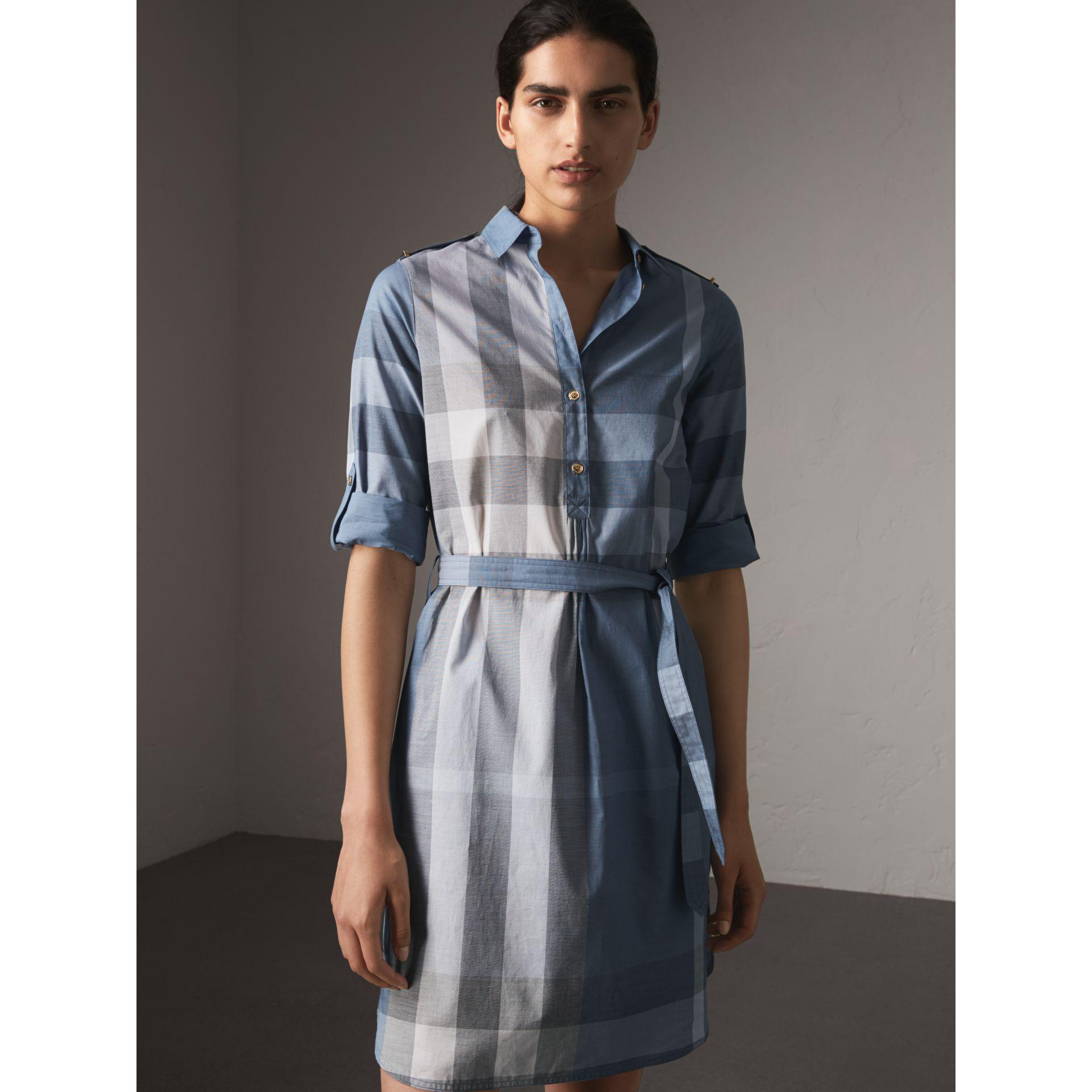 Burberry Tie-waist Check Cotton Shirt Dress in Blue | Lyst