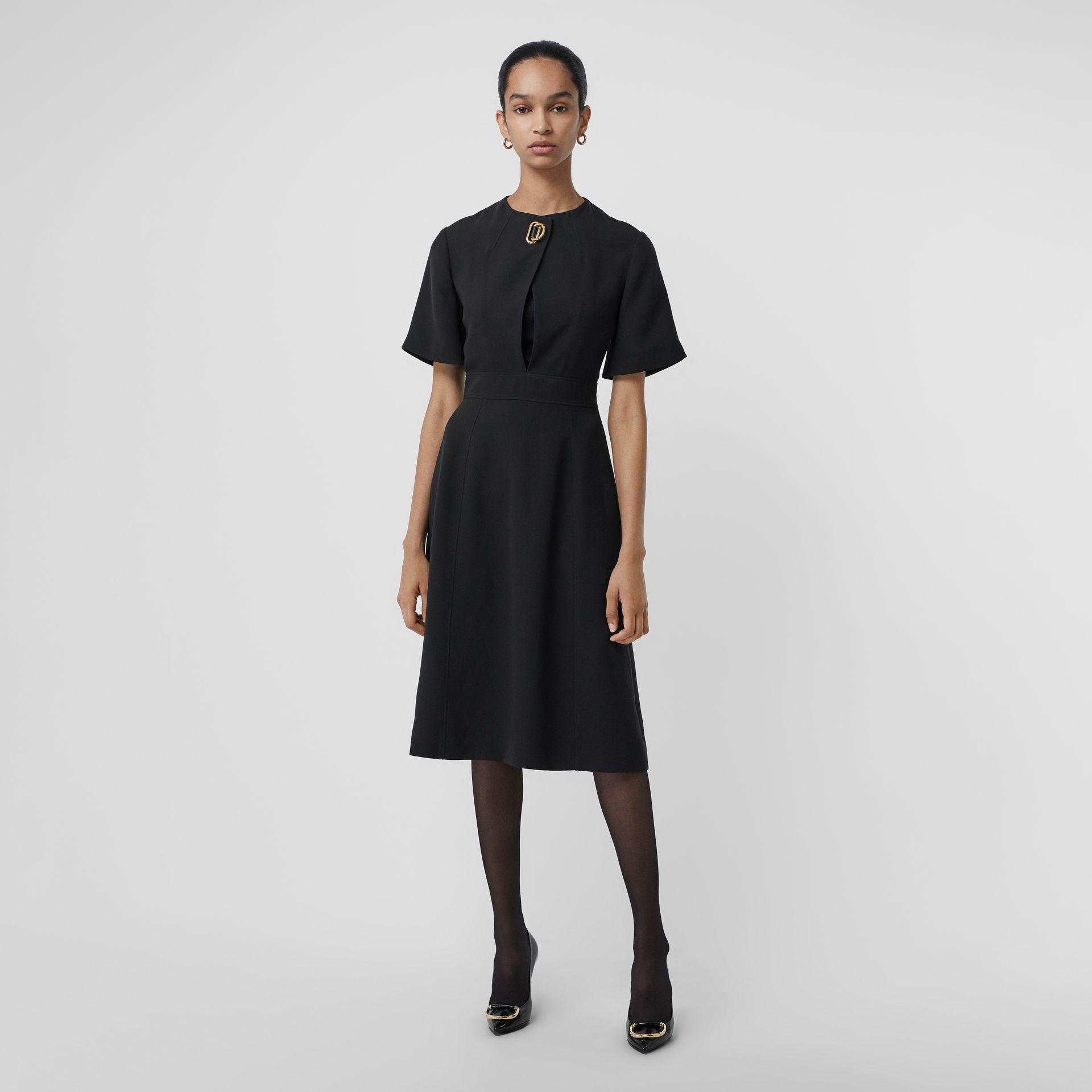 Burberry Short sleeve D ring Detail Silk Wool Dress in Black