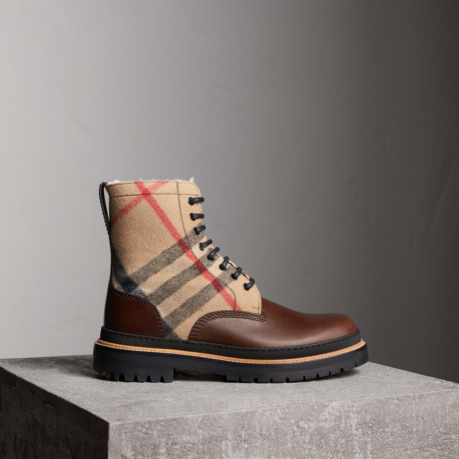 Burberry Shearling-lined Leather And Check Boots for Men | Lyst
