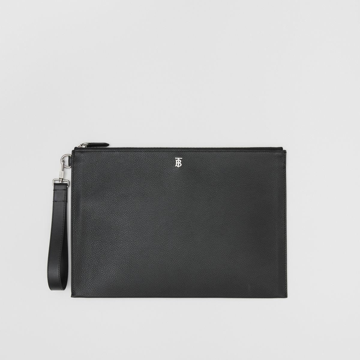 Burberry Large Monogram Motif Grainy Leather Zip Pouch in Black