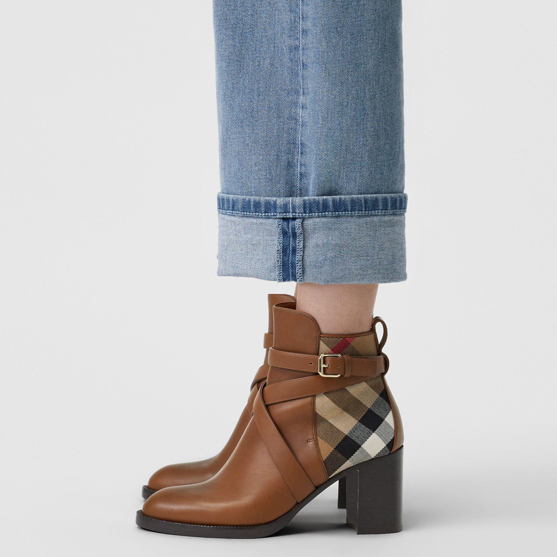 Burberry House Check And Leather Ankle Boots Bright Camel in Natural | Lyst