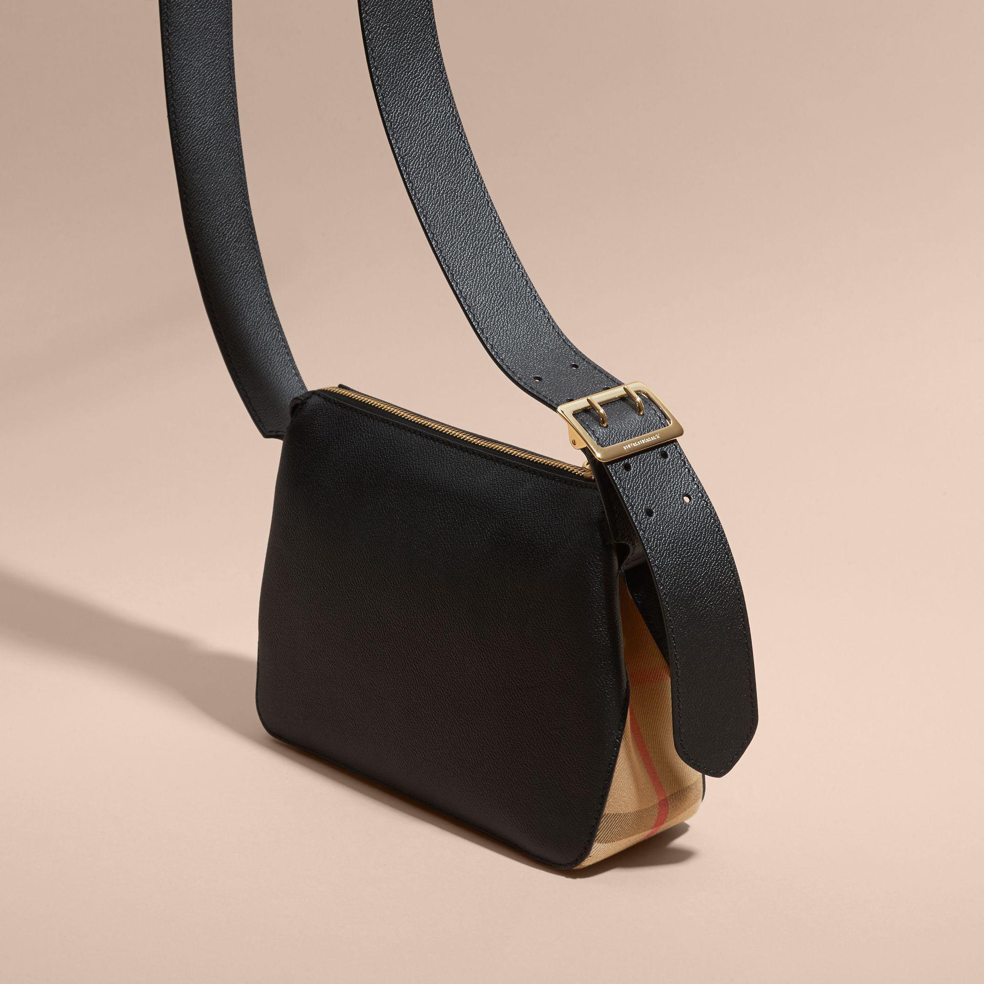 Burberry Buckle Detail Leather And House Check Crossbody Bag Black Lyst