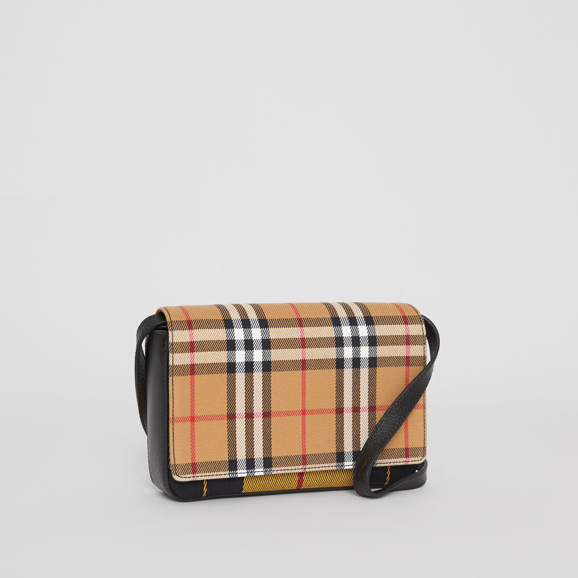 vintage check and leather wallet with detachable strap