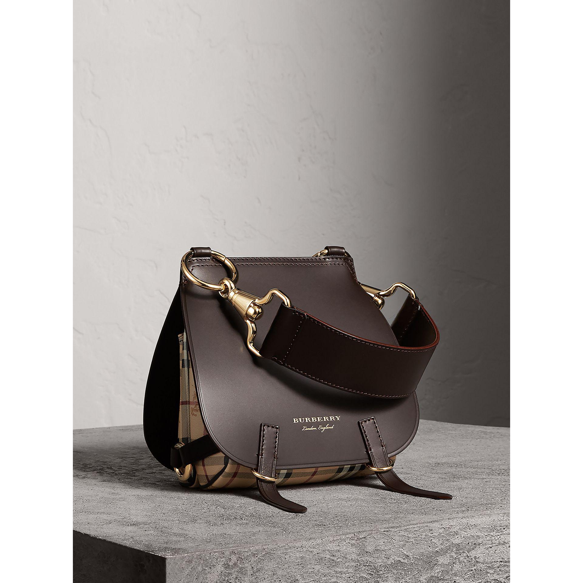Burberry The Bridle Bag In Leather And Haymarket Check Dark Clove